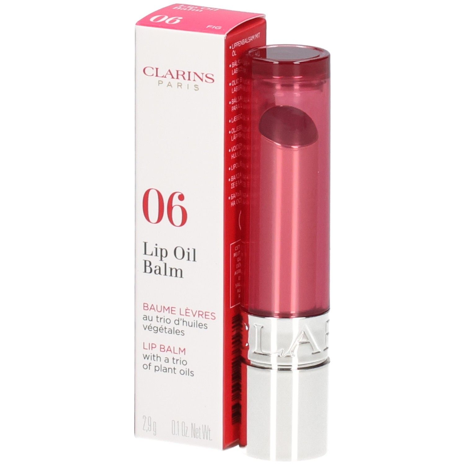 Clarins Lip Oil Balm, Farbe 06 Fig, in Verpackung und Applikator.