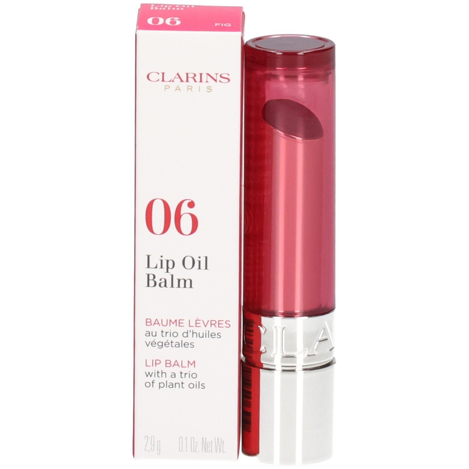 Clarins Lip Oil Balm, Farbe 06 Fig, mit Verpackung und Applikator.