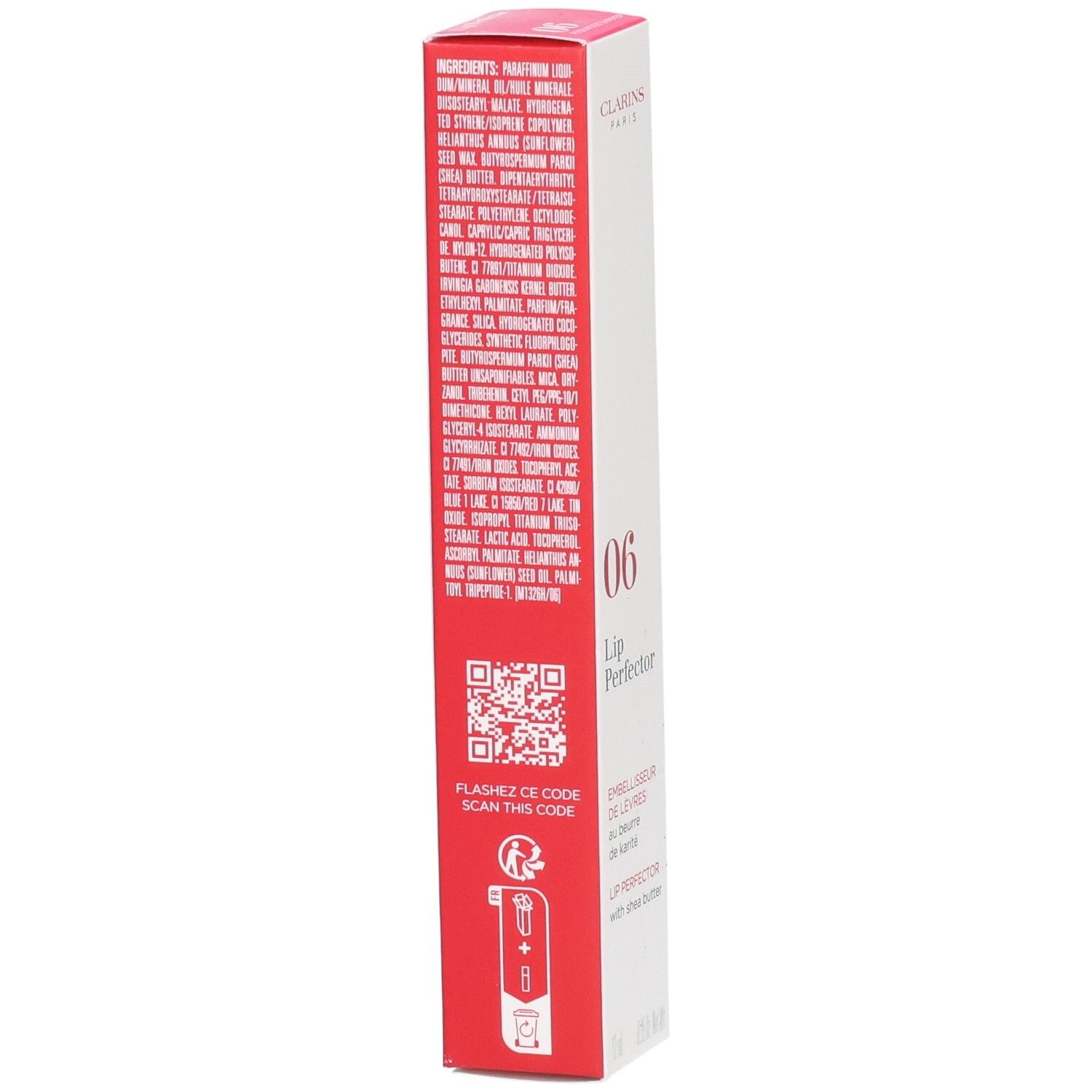 Clarins Lip Perfector 06 Umverpackung, Rückseite mit Inhaltsstoffen und QR-Code.