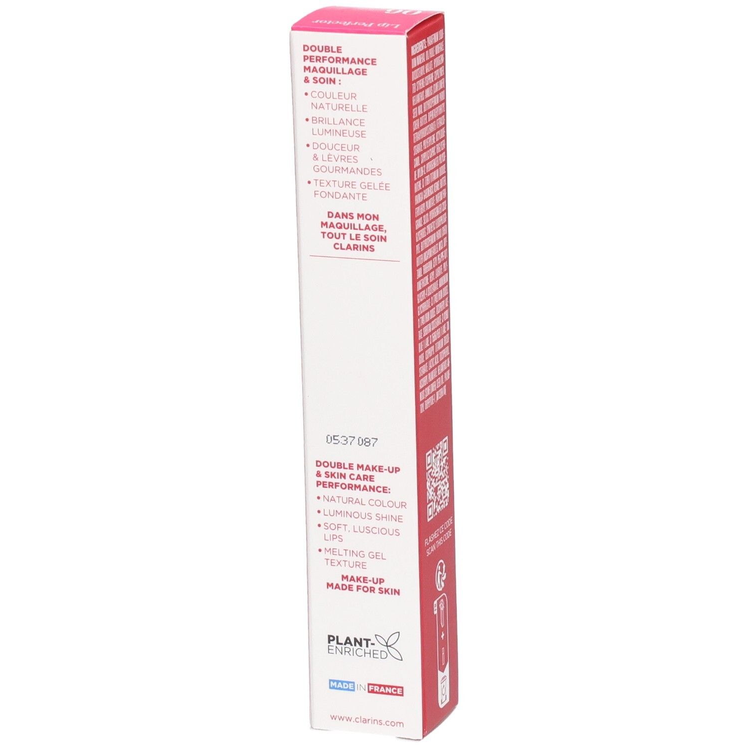 Clarins Lip Perfector 06 Umverpackung, Seite mit Produktmerkmalen und Herkunftsangabe.