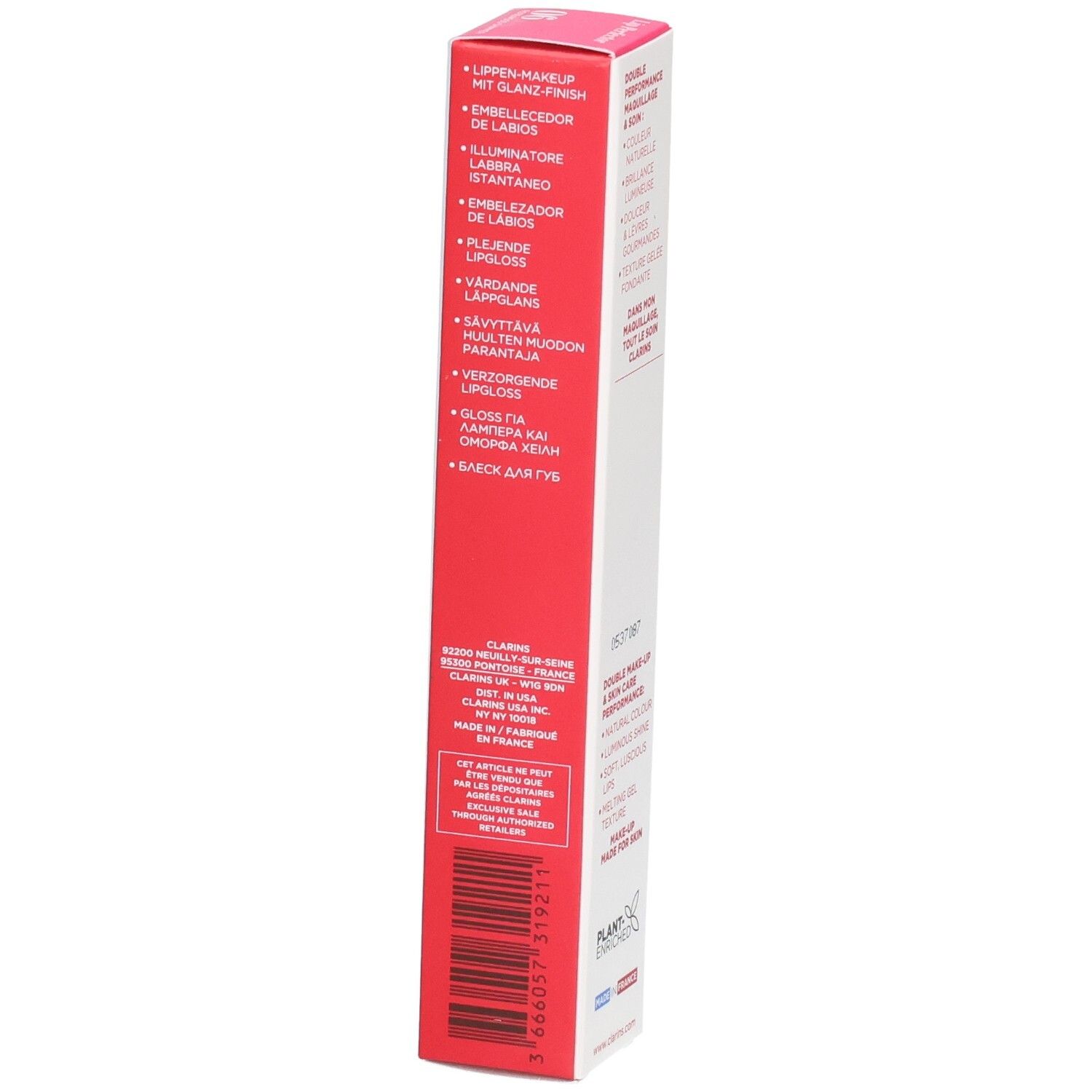 Clarins Lip Perfector 06 Umverpackung, Seite mit mehrsprachigen Produktbeschreibungen.