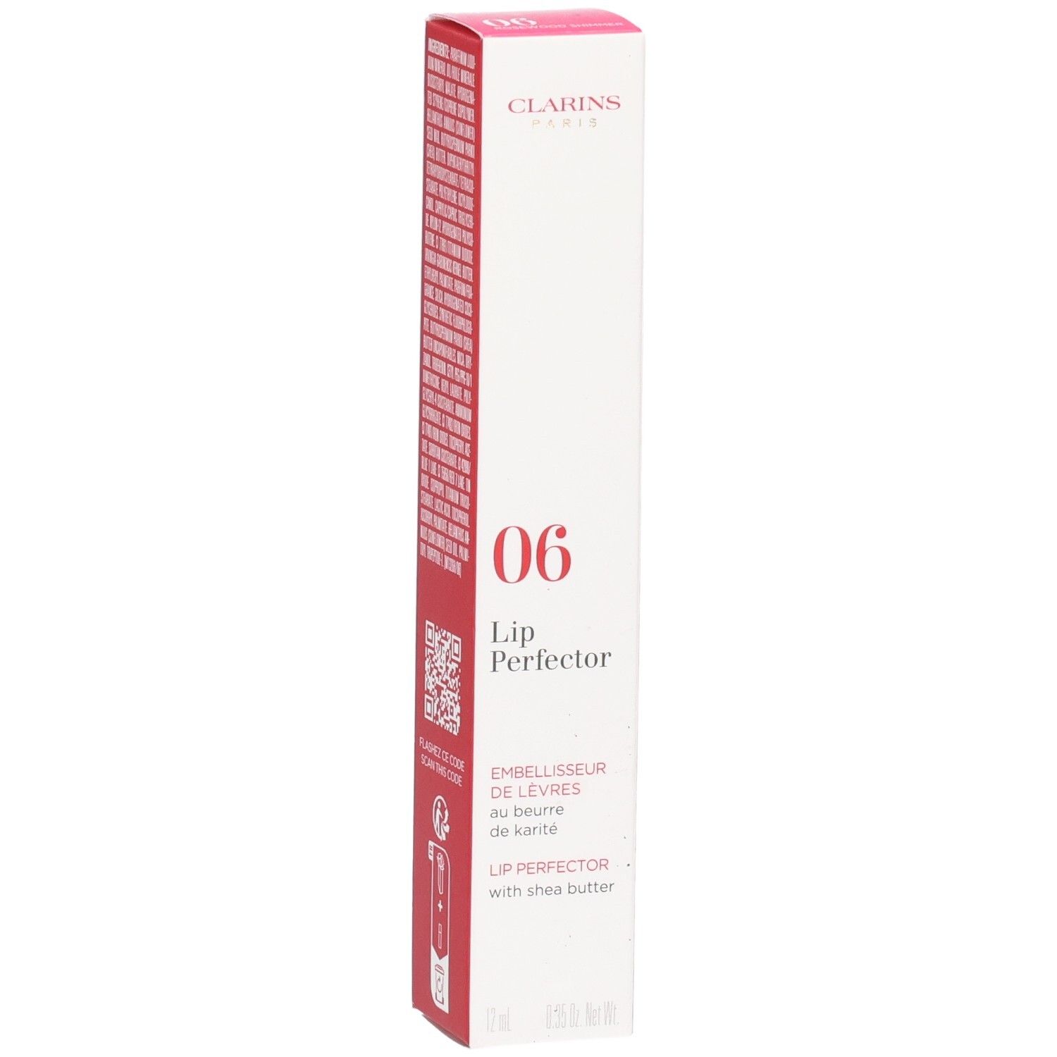 Clarins Lip Perfector 06 Umverpackung, mit Shea Butter und QR-Code.