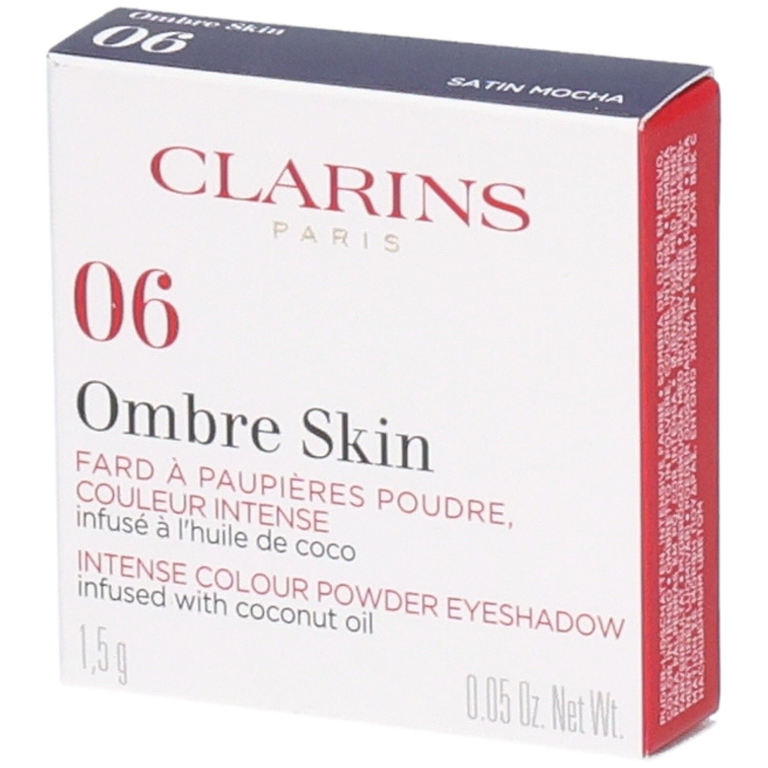 Clarins Ombre Skin Lidschatten 06 Satin Mocha, Puder. Kartonverpackung mit Produktinformationen.