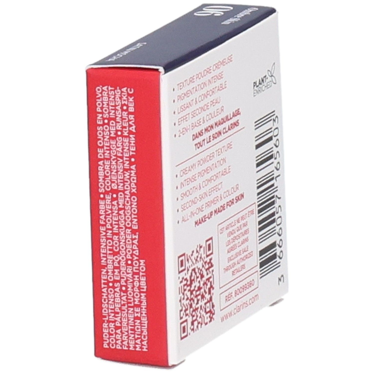 Clarins Ombre Skin Lidschatten 06 Satin Mocha, Puder. Seitenansicht der Verpackung mit Produktbeschreibung in mehreren Sprachen.