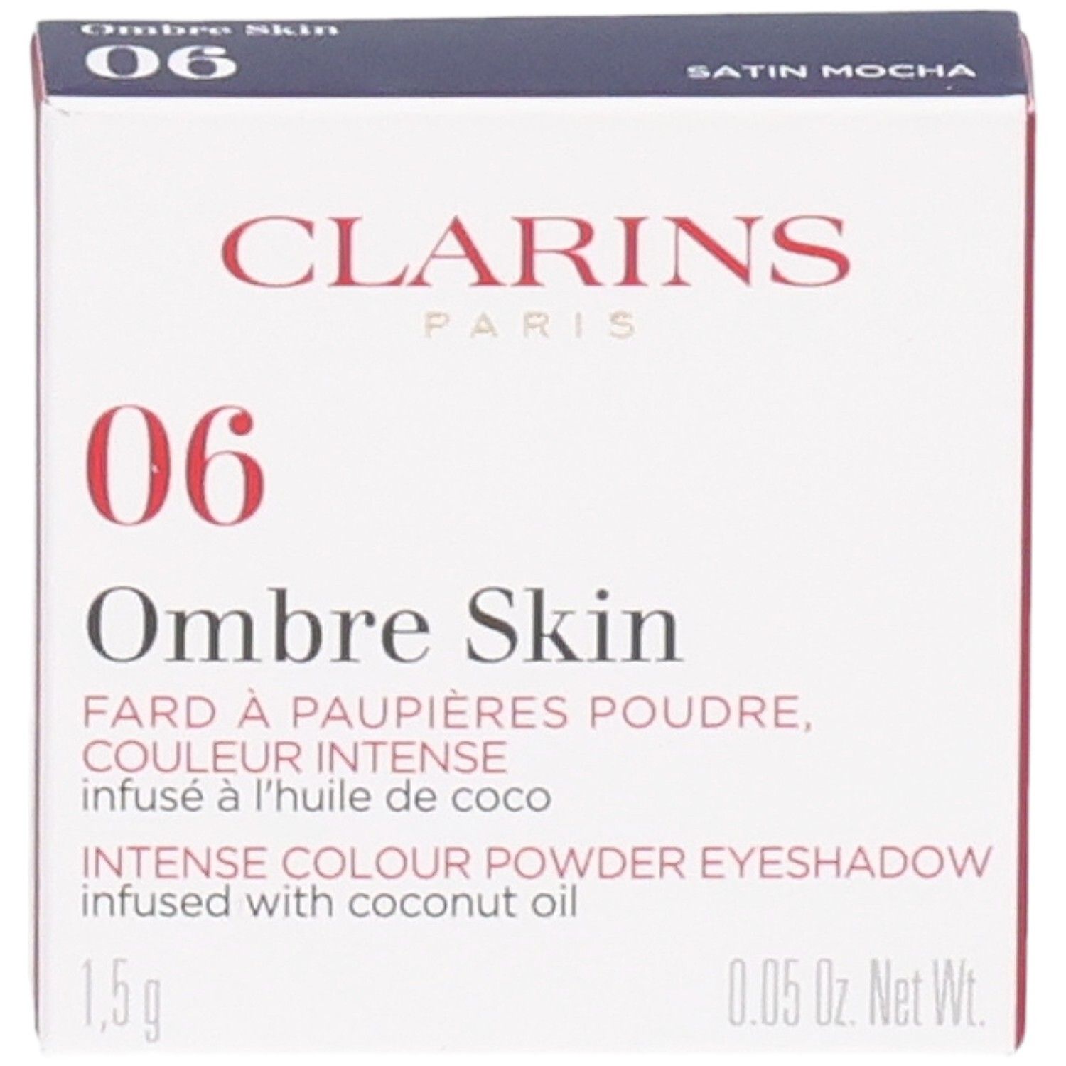 Clarins Ombre Skin Lidschatten 06 Satin Mocha, Puder. Vorderseite der Kartonverpackung mit Produktname und Farbnummer.