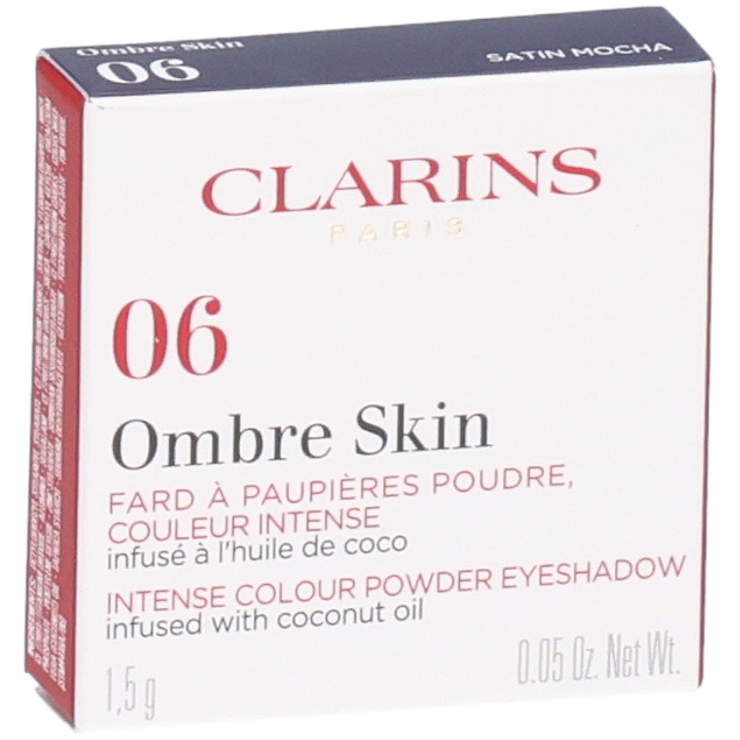 Clarins Ombre Skin Lidschatten 06 Satin Mocha, Puder. Vorderseite der Kartonverpackung mit Markennamen und Produktbezeichnung.