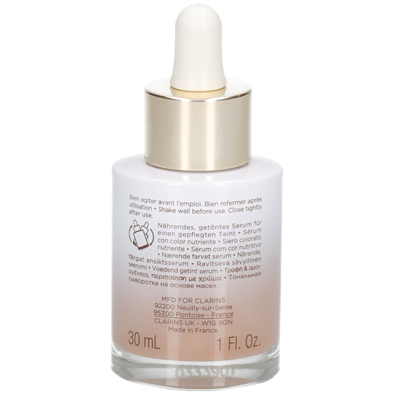 Clarins Tinted Oleo-Serum Flasche mit Pipette. Rückseite mit Produktinformationen und 30ml Angabe.
