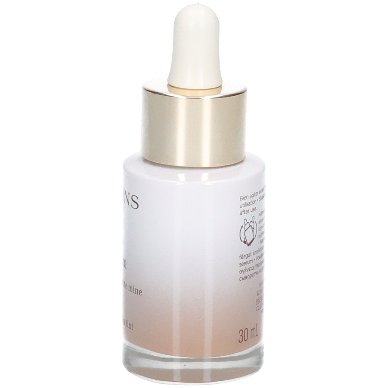 Clarins Tinted Oleo-Serum Flasche mit Pipette. Seitenansicht mit Produktinformationen.