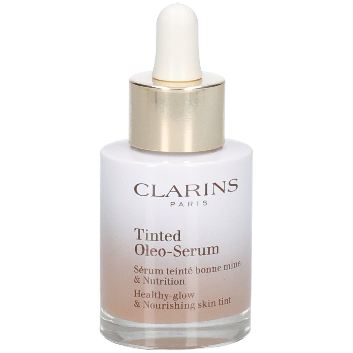 Clarins Tinted Oleo-Serum Flasche mit Pipette. Goldener Ring und weißer Verschluss. Vorderansicht.