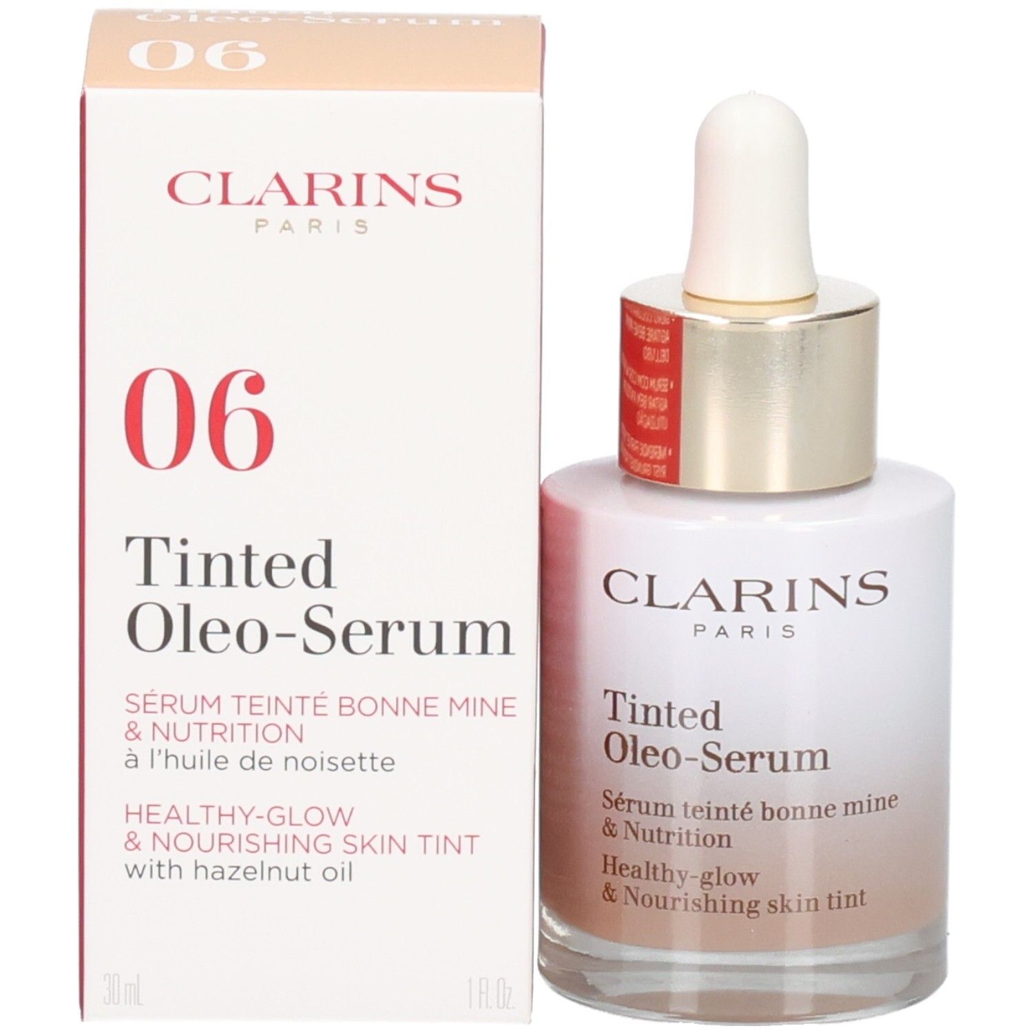 Clarins Tinted Oleo-Serum Flasche und Umverpackung. Nummer 06 auf der Schachtel.