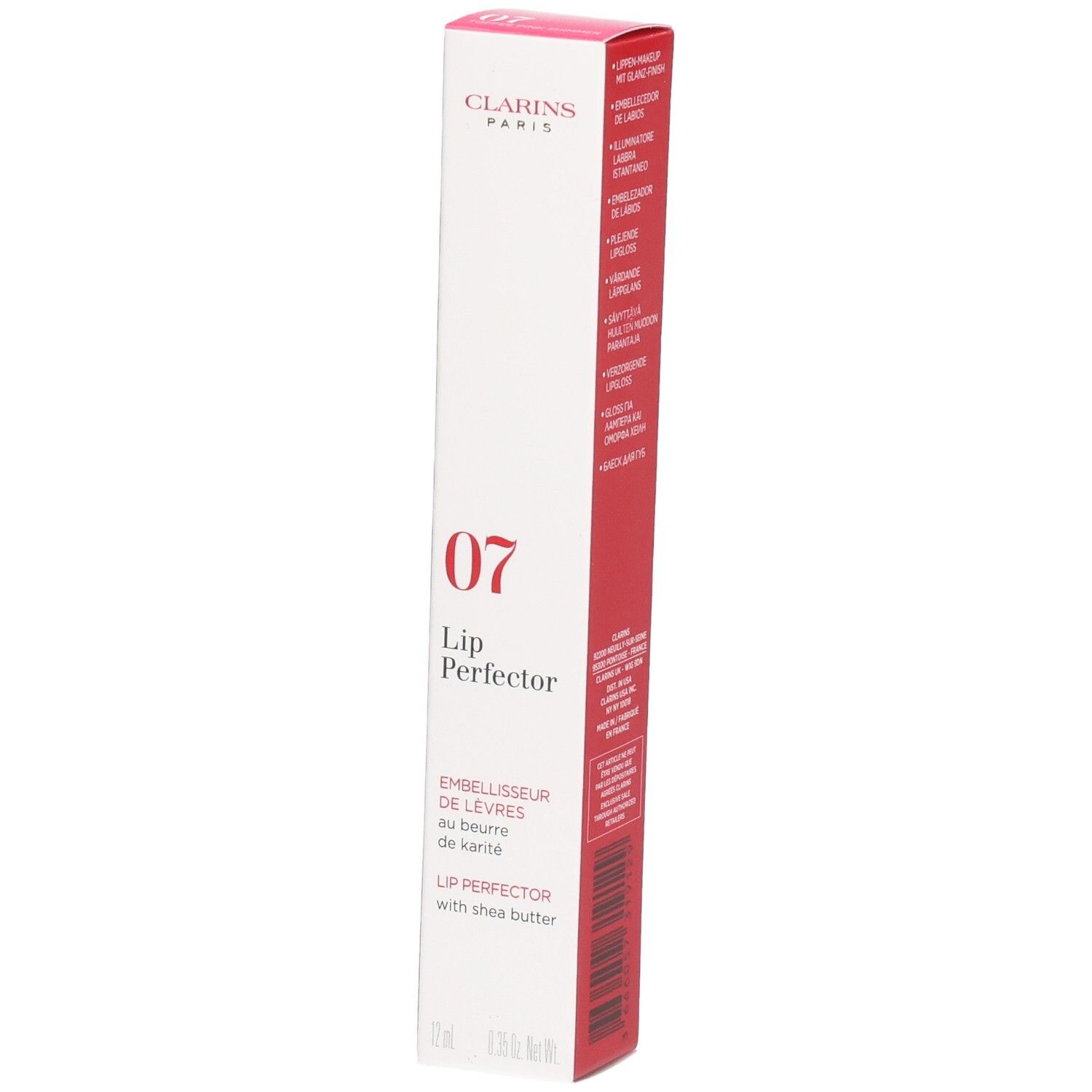 Clarins Lip Perfector 07 Toffee Pink Shimmer, gloss soin pour les lèvres en boîte.