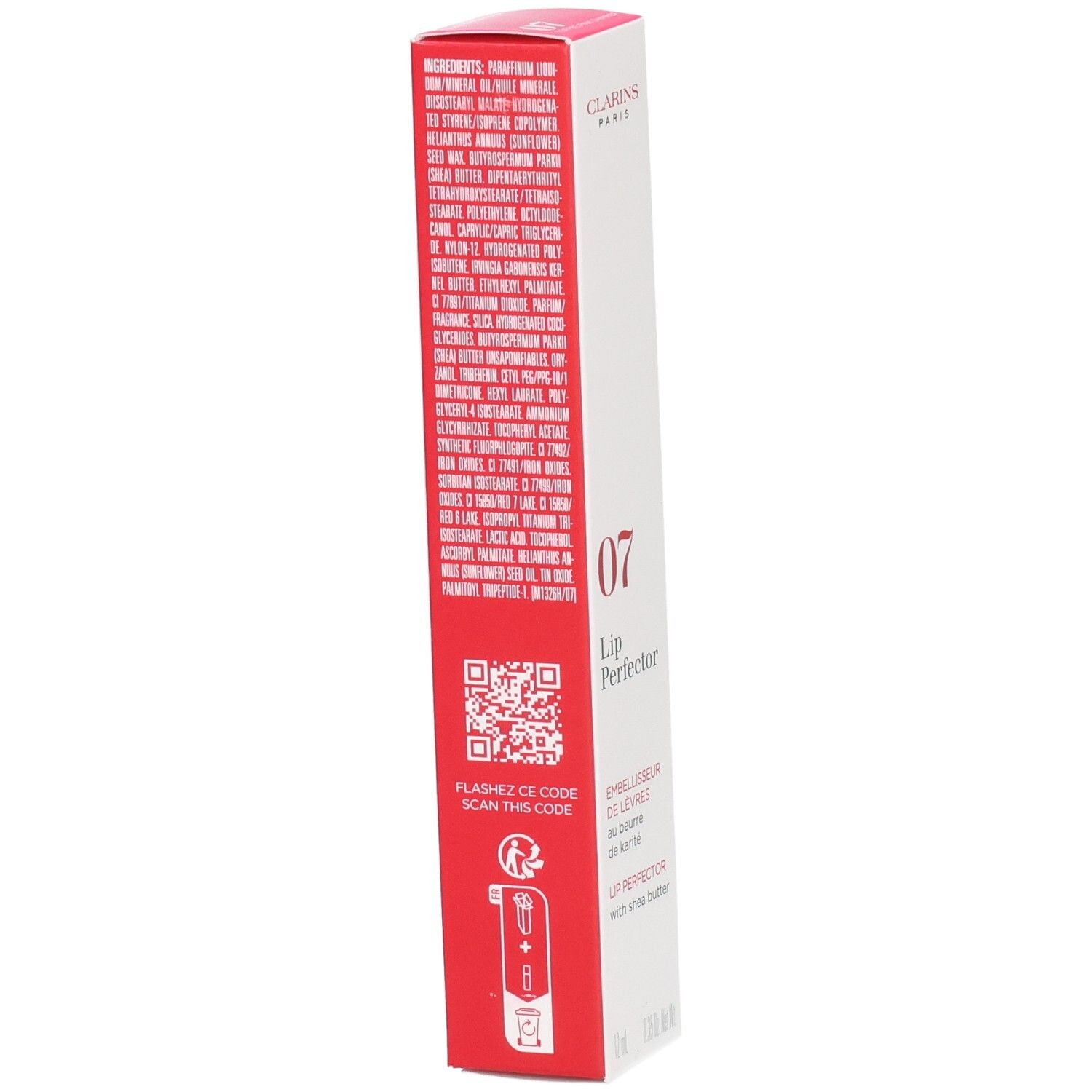 Clarins Lip Perfector 07 Toffee Pink Shimmer, boîte avec liste des ingrédients.