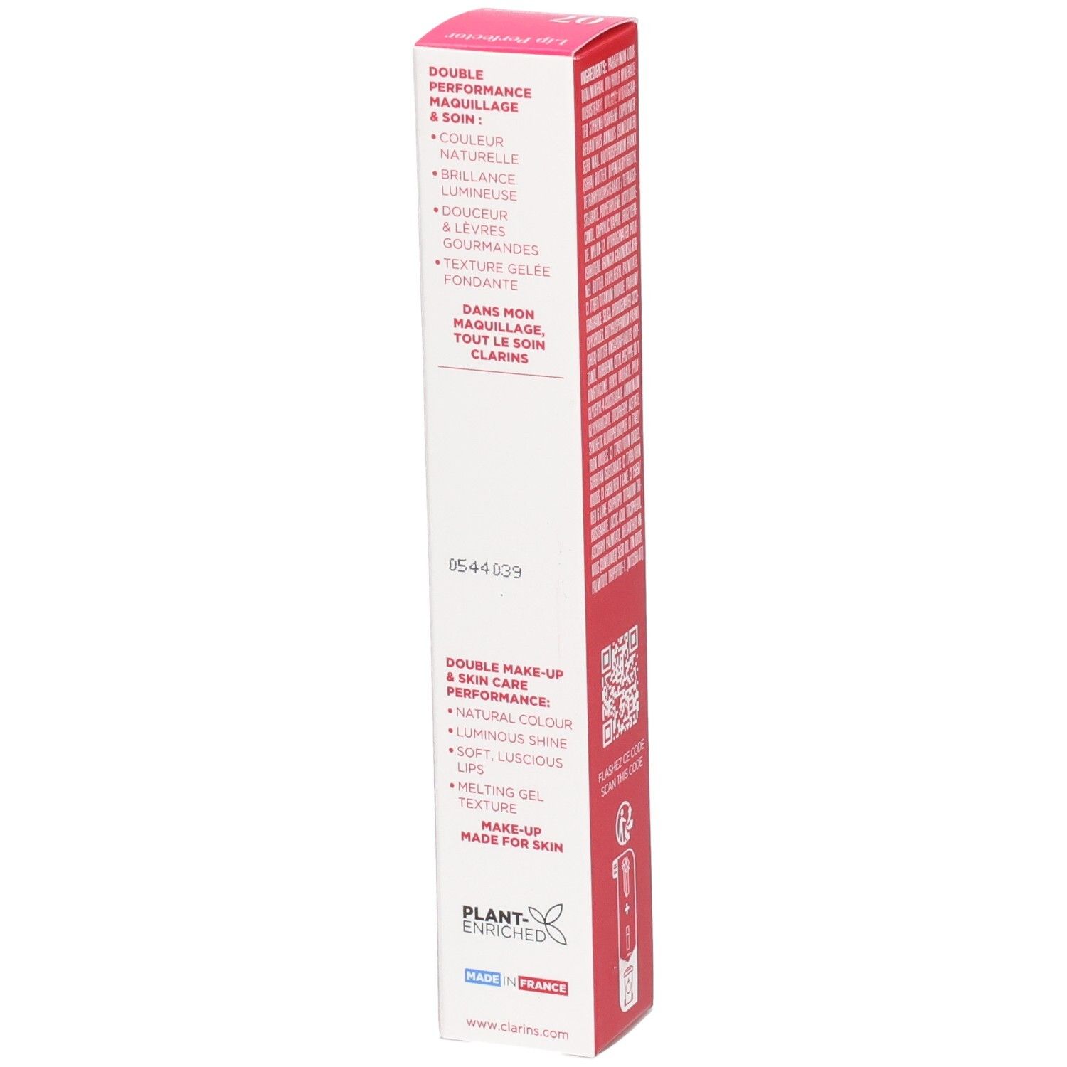 Clarins Lip Perfector 07 Toffee Pink Shimmer, côté de la boîte avec bénéfices produit.