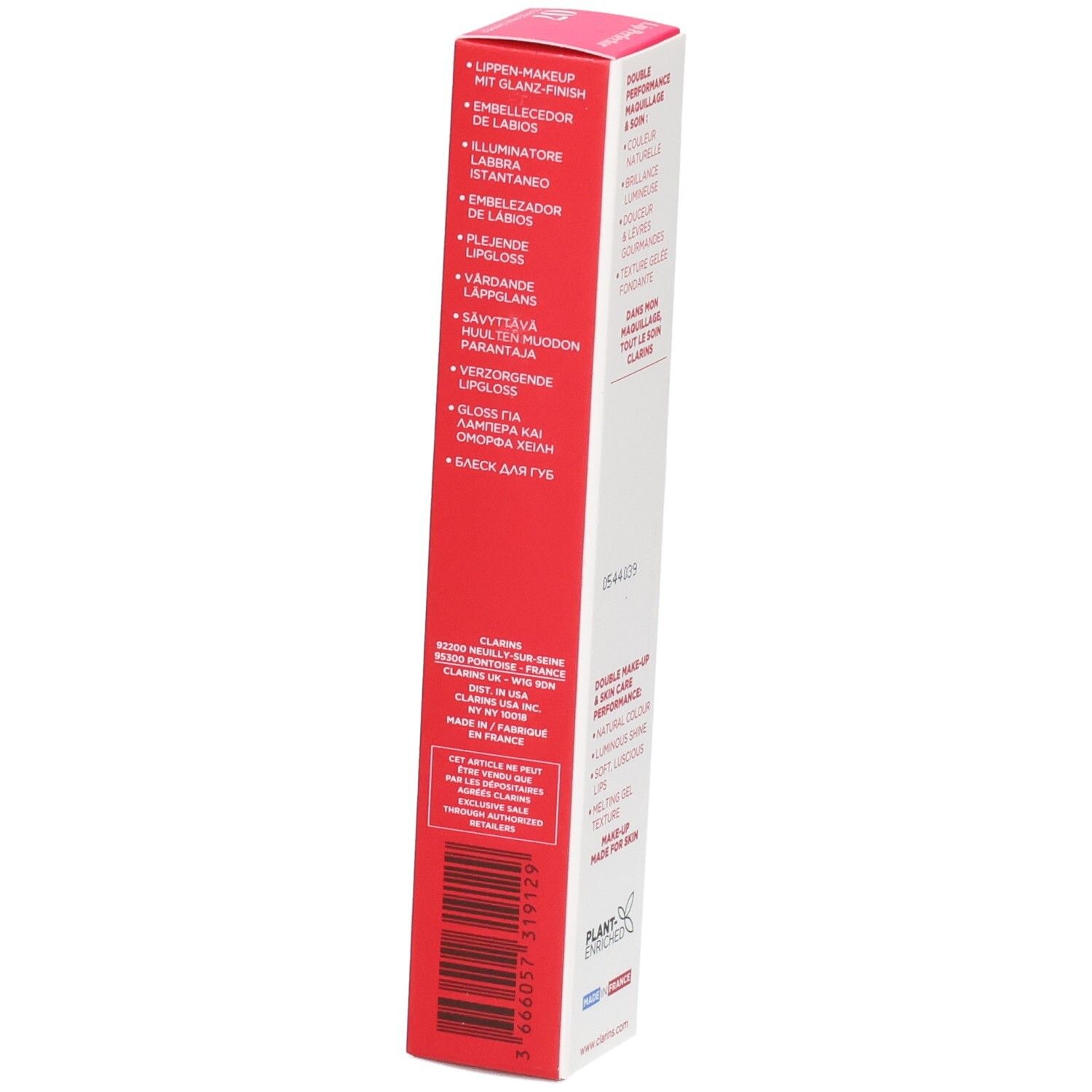 Clarins Lip Perfector 07 Toffee Pink Shimmer, boîte avec instructions et code-barres.
