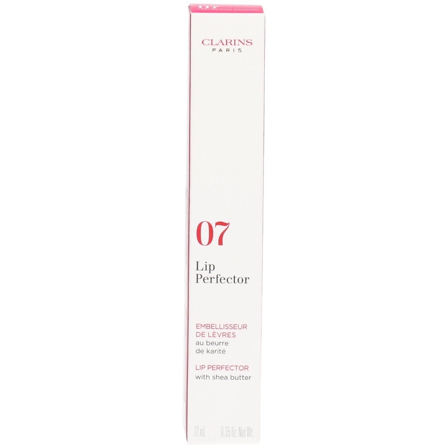 Clarins Lip Perfector 07 Toffee Pink Shimmer, gloss soin pour les lèvres en boîte.