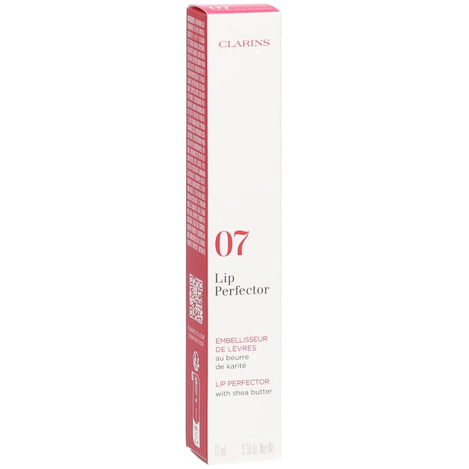 Clarins Lip Perfector 07 Toffee Pink Shimmer, boîte avec QR code et application.