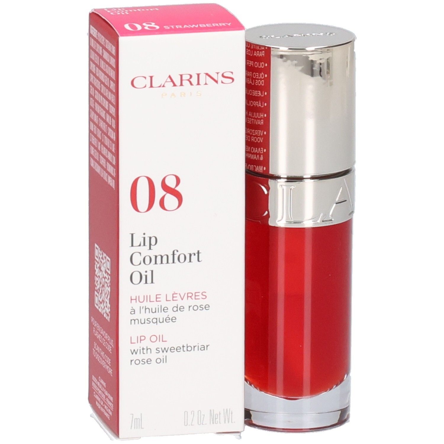 Clarins Lip Comfort Oil 08 in roter Verpackung mit Fläschchen.
