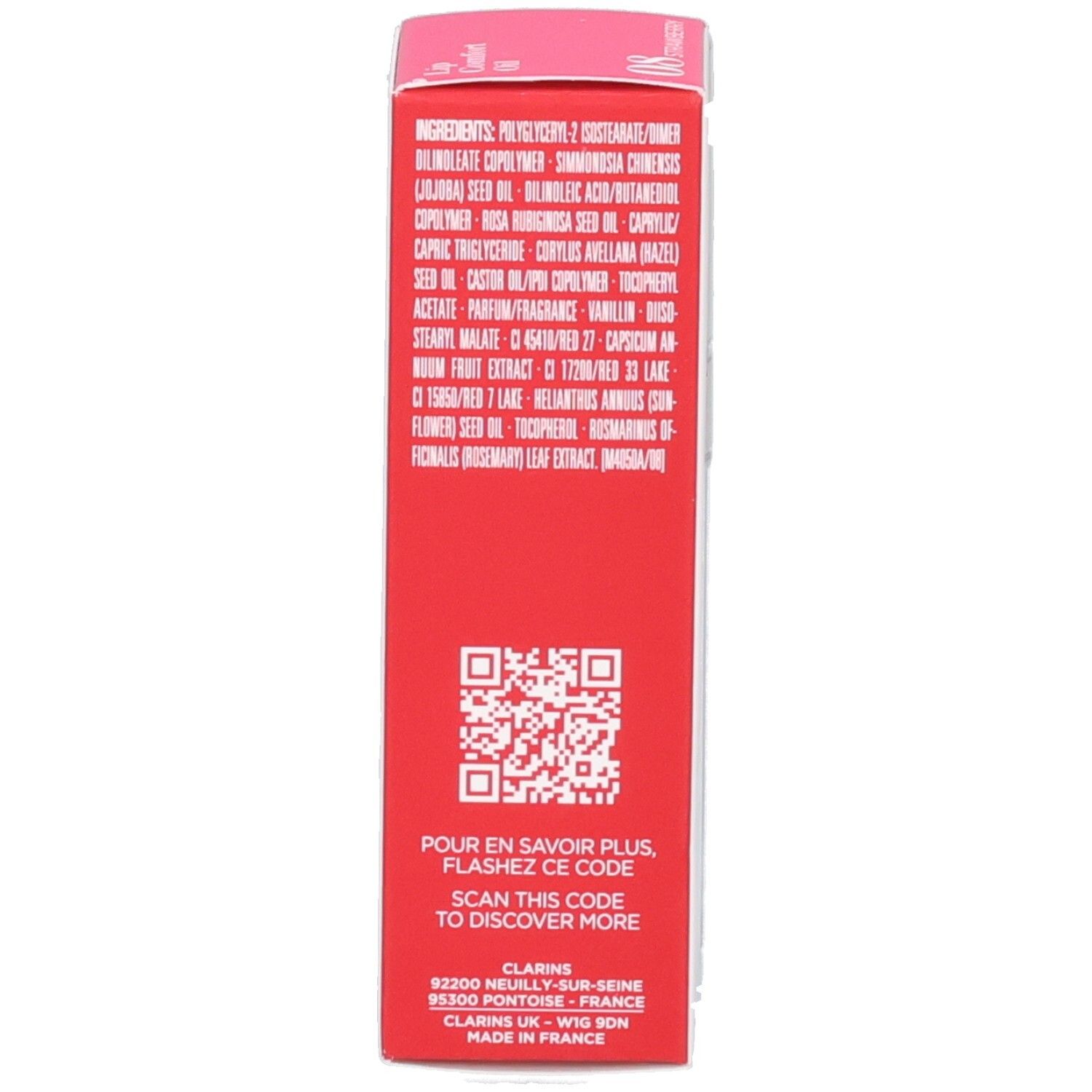Clarins Lip Comfort Oil 08: Seitenansicht der roten Verpackung mit Inhaltsstoffen.