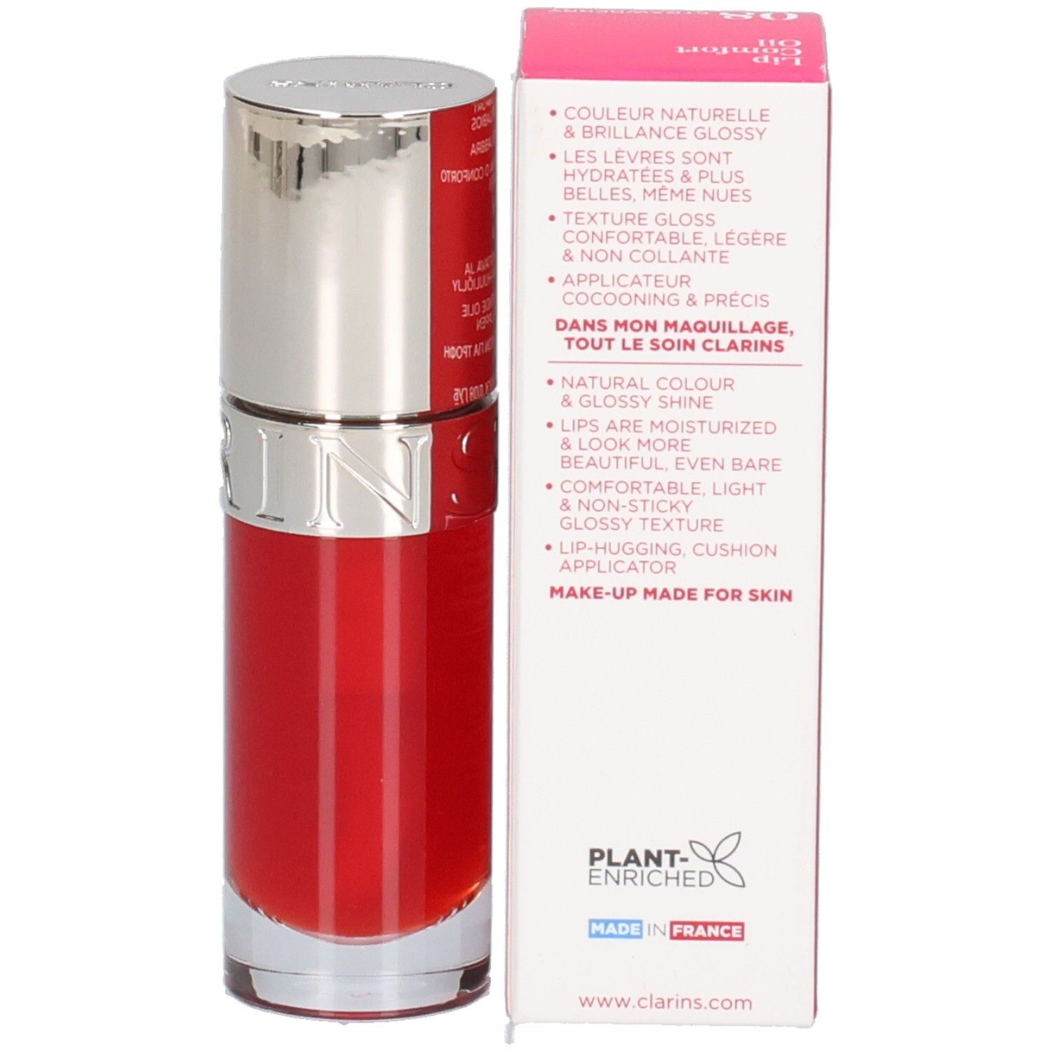 Clarins Lip Comfort Oil 08: Fläschchen und rote Verpackung mit Produktmerkmalen.