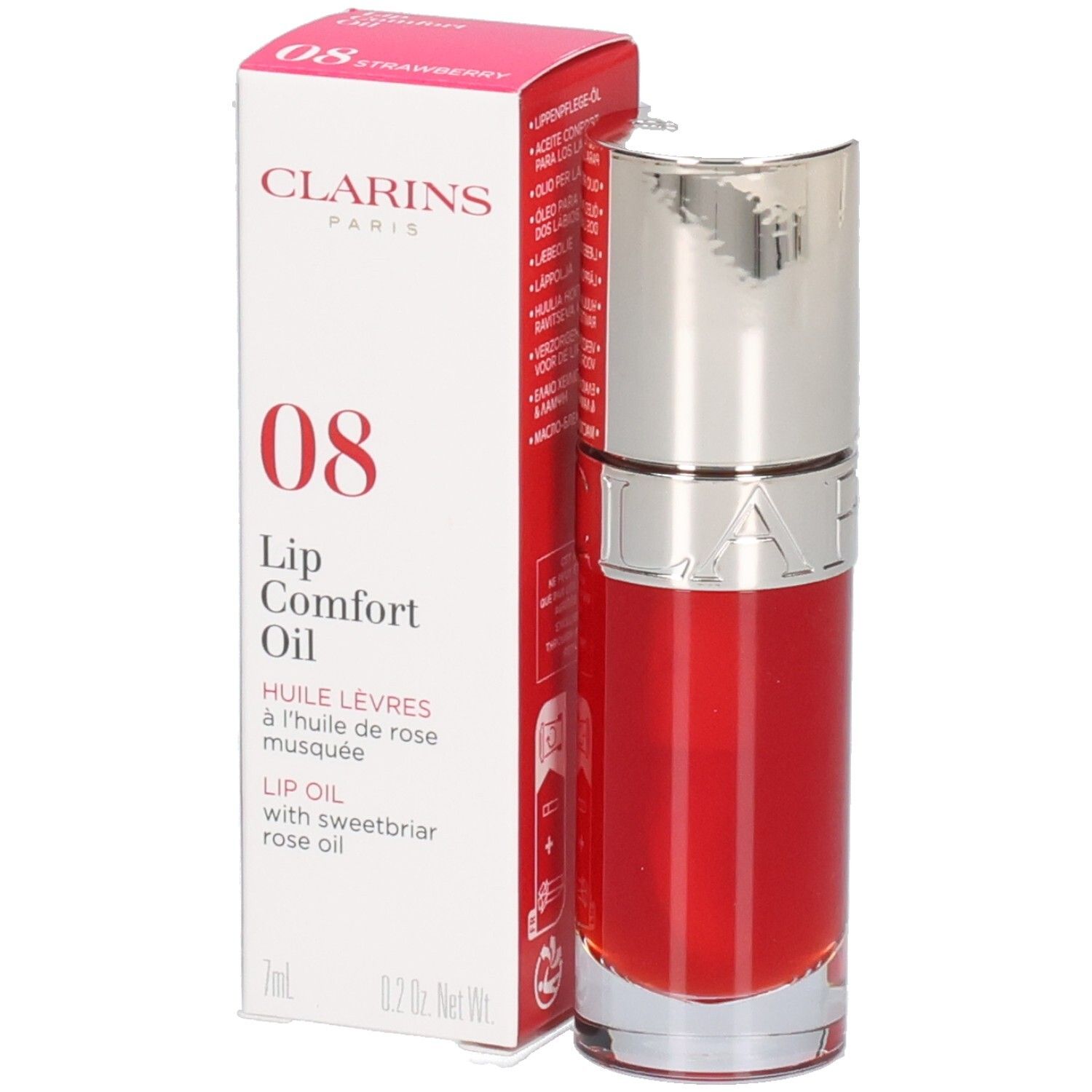 Clarins Lip Comfort Oil 08: Rote Verpackung und Fläschchen mit rotem Lippenöl.