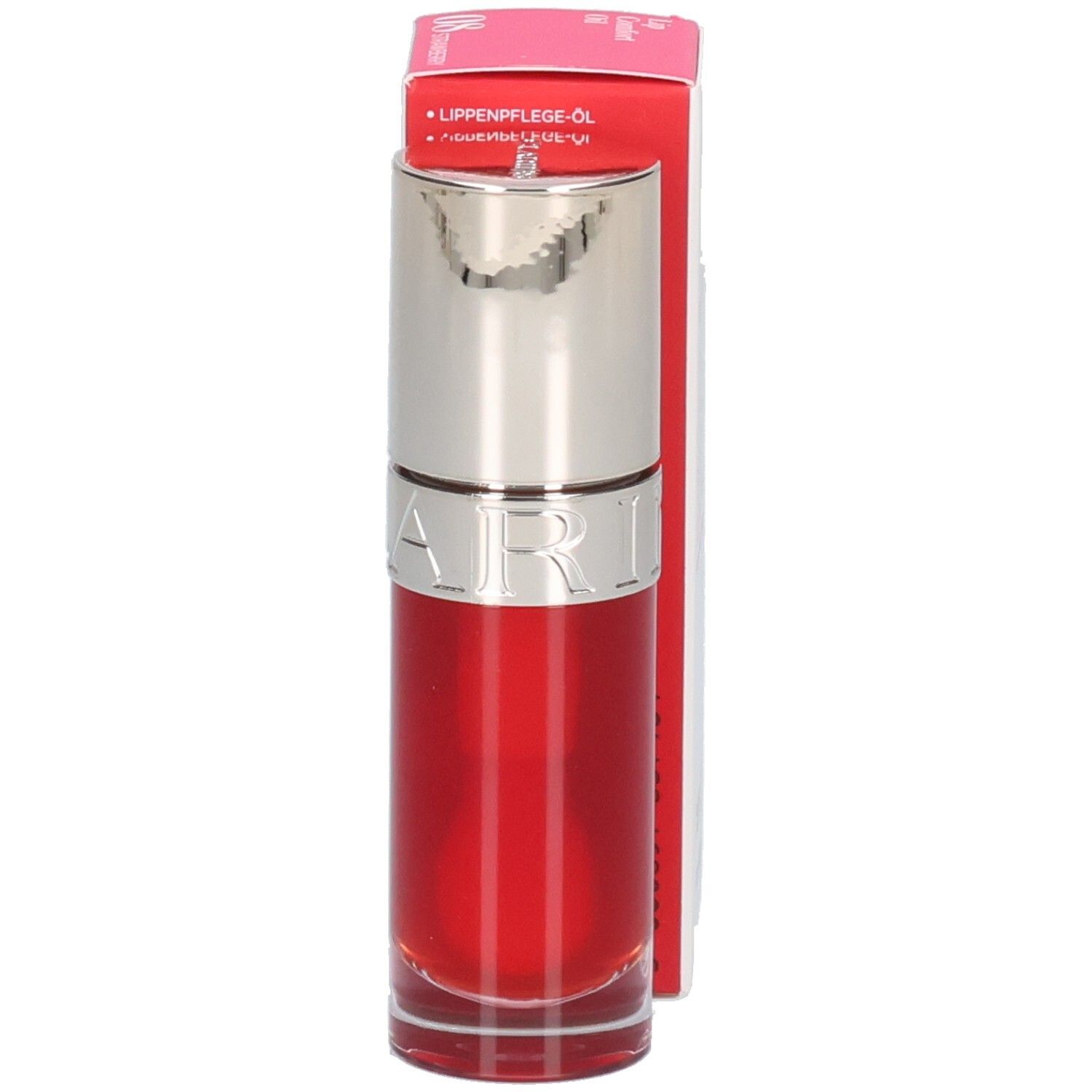 Clarins Lip Comfort Oil 08: Fläschchen mit rotem Lippenöl und silbernem Verschluss.