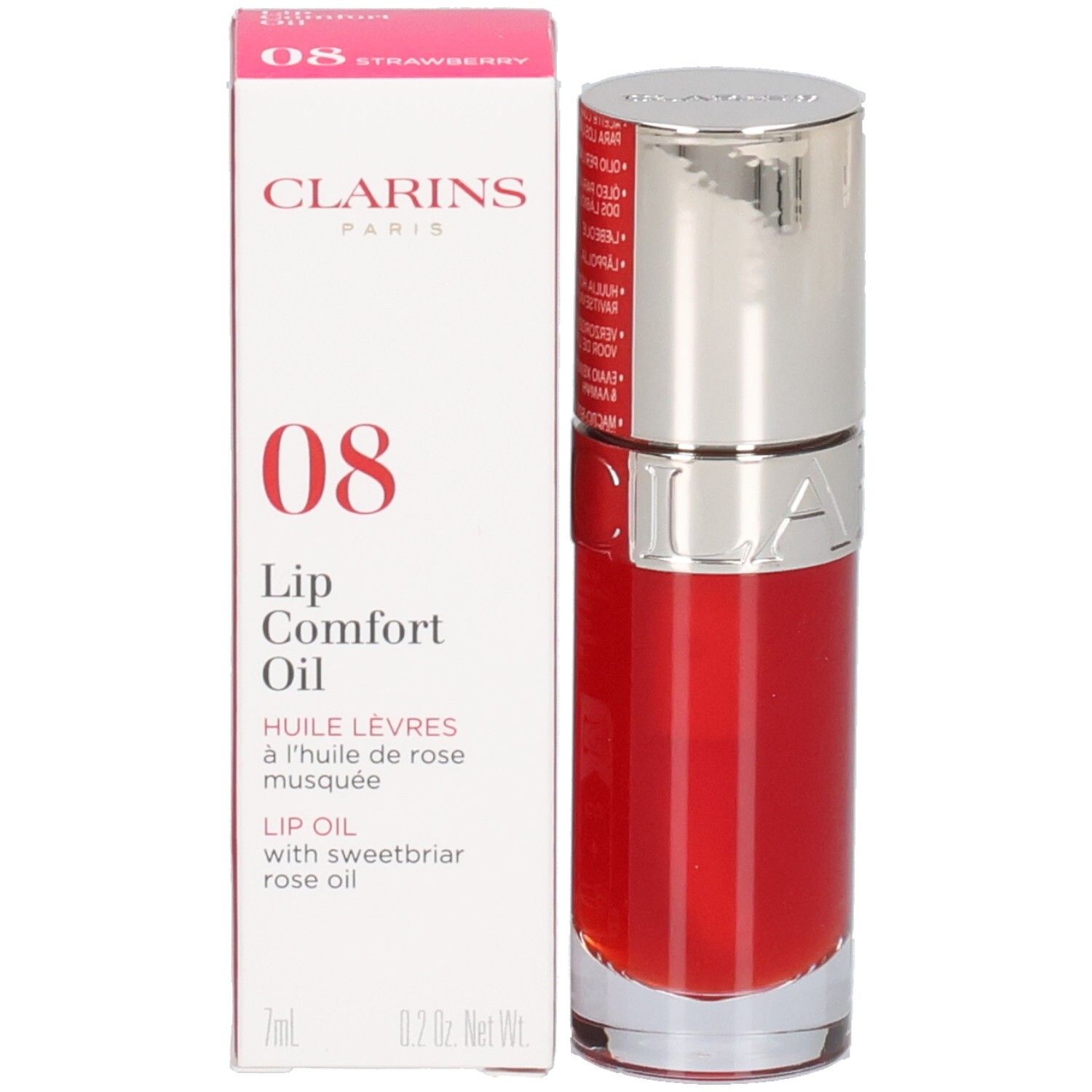 Clarins Lip Comfort Oil 08: Rote Verpackung und Fläschchen mit rotem Lippenöl.