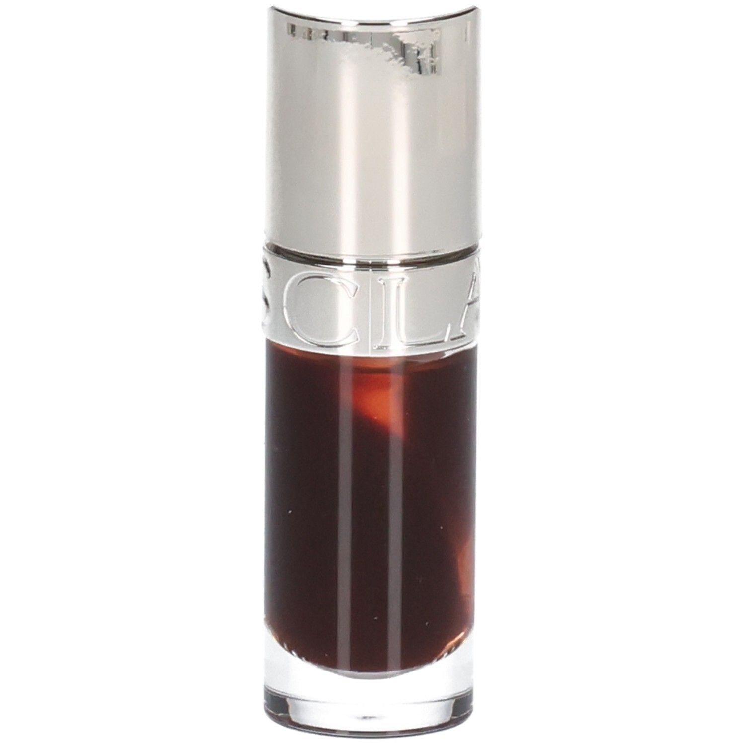 Clarins Lip Comfort Oil 09 Chocolate in einem Glasfläschchen mit silbernem Deckel.