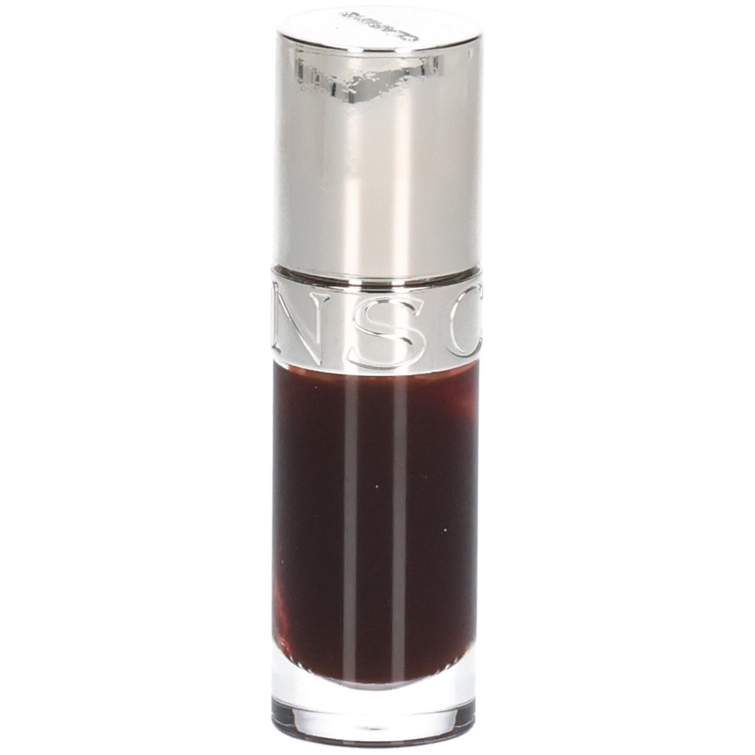 Clarins Lip Comfort Oil 09 Chocolate, Glasfläschchen mit silbernem Deckel, Schriftzug 'CLARINS'.