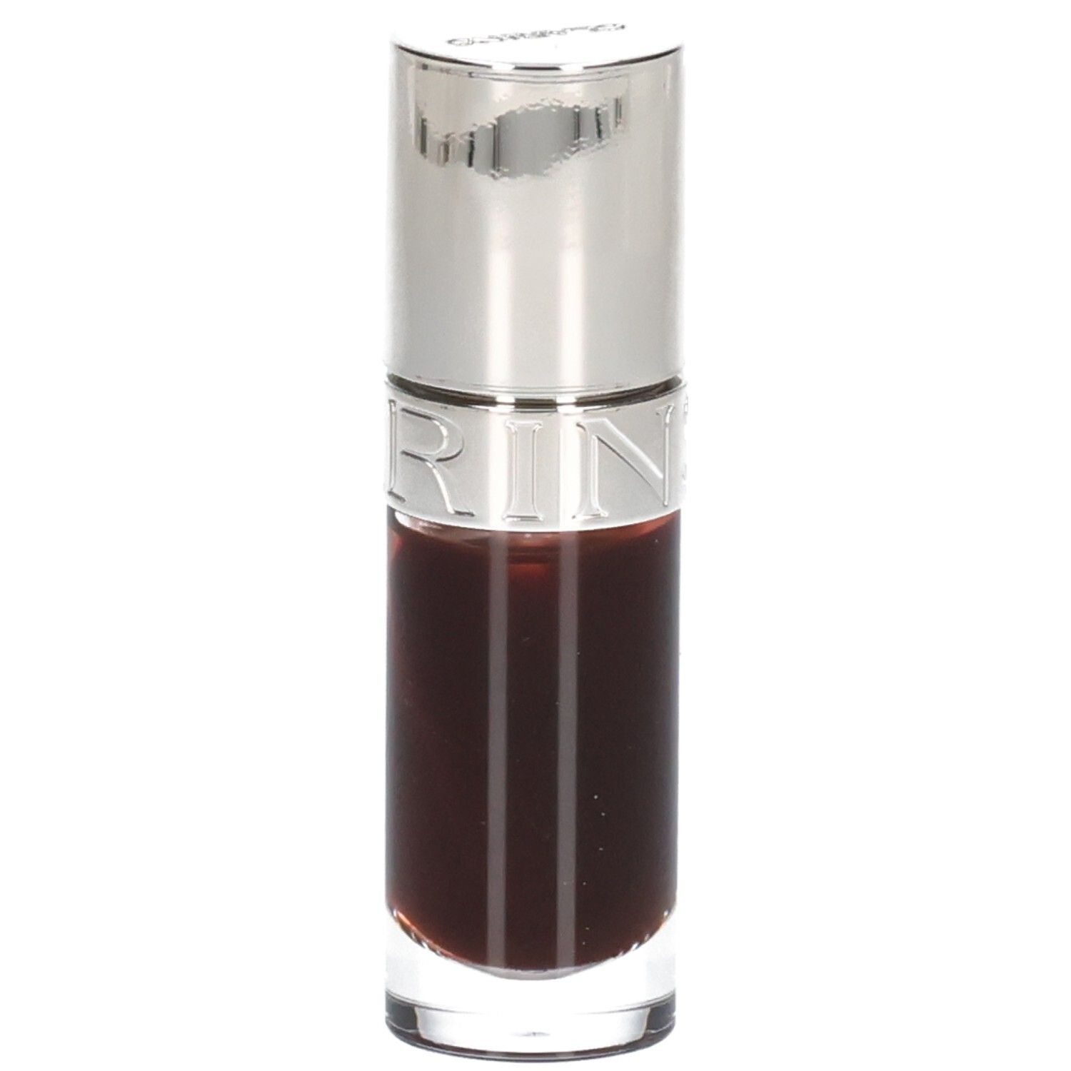 Clarins Lip Comfort Oil 09 Chocolate, Glasfläschchen mit silbernem Deckel, Schriftzug 'CLARINS'.