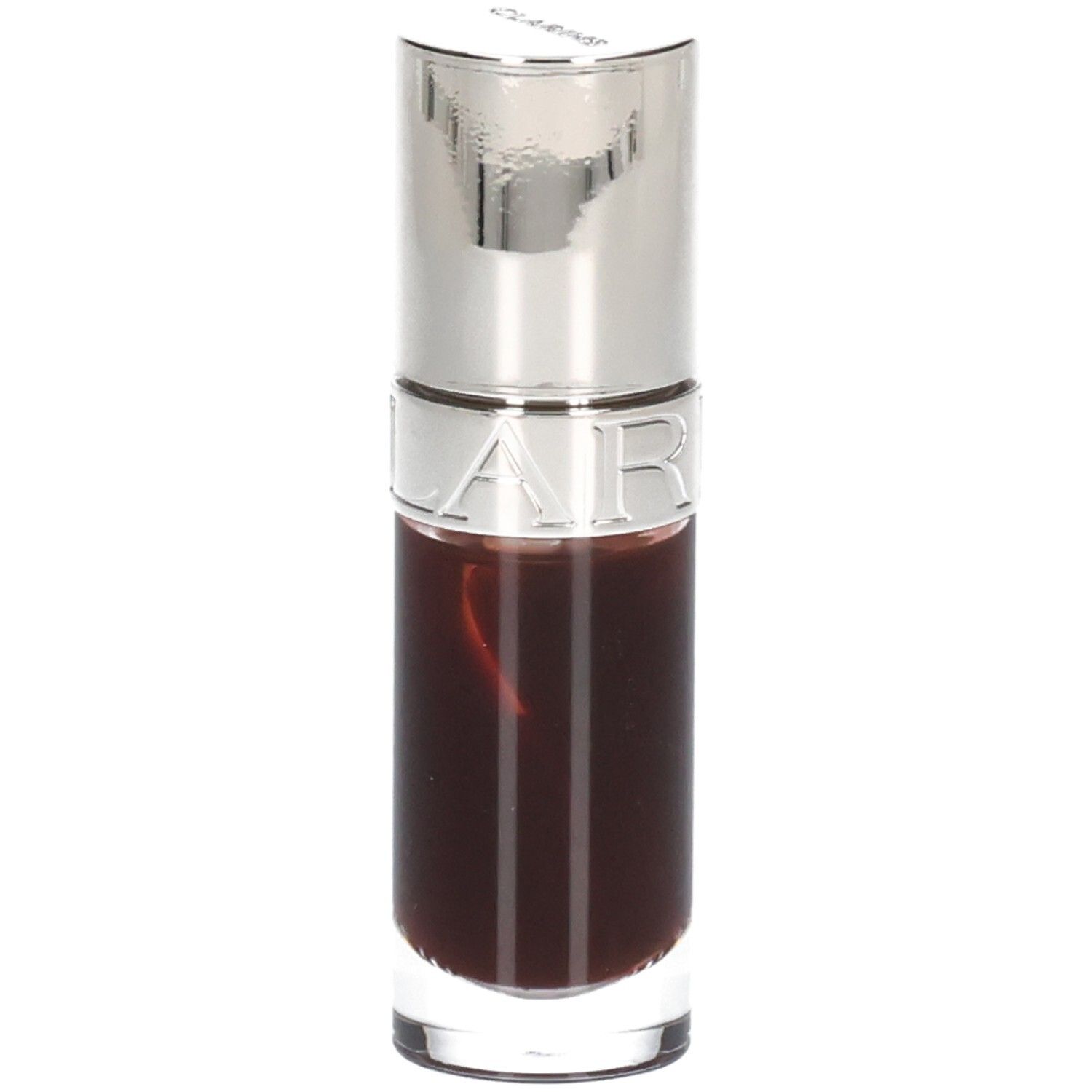 Clarins Lip Comfort Oil 09 Chocolate, Glasfläschchen mit silbernem Deckel, Schriftzug 'CLARINS'.