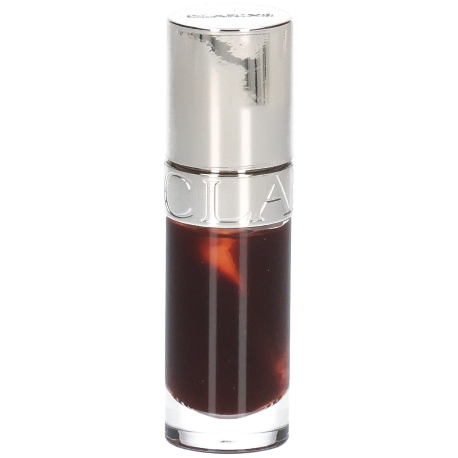 Clarins Lip Comfort Oil 09 Chocolate, Glasfläschchen mit silbernem Deckel, Schriftzug 'CLARINS'.