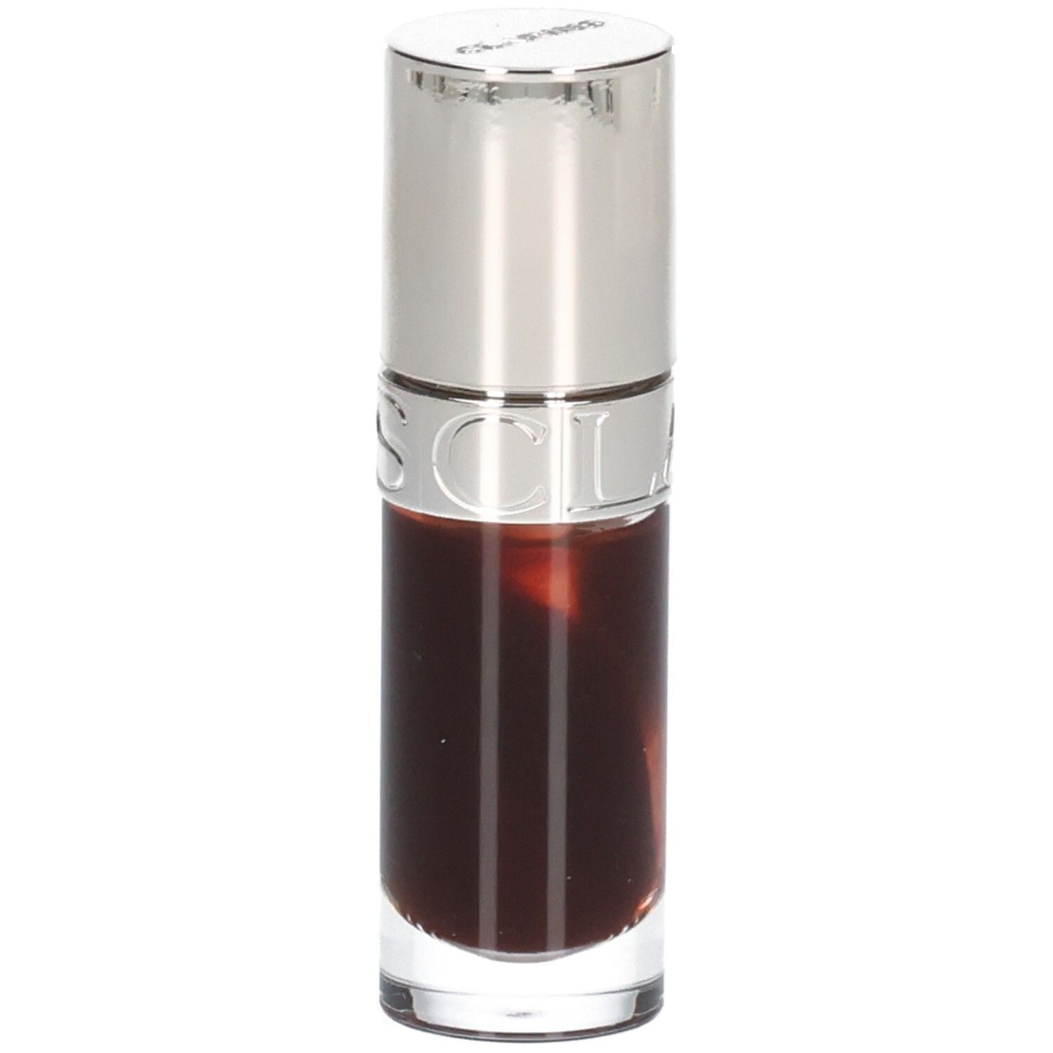 Clarins Lip Comfort Oil 09 Chocolate, Glasfläschchen mit silbernem Deckel, Schriftzug 'CLARINS'.