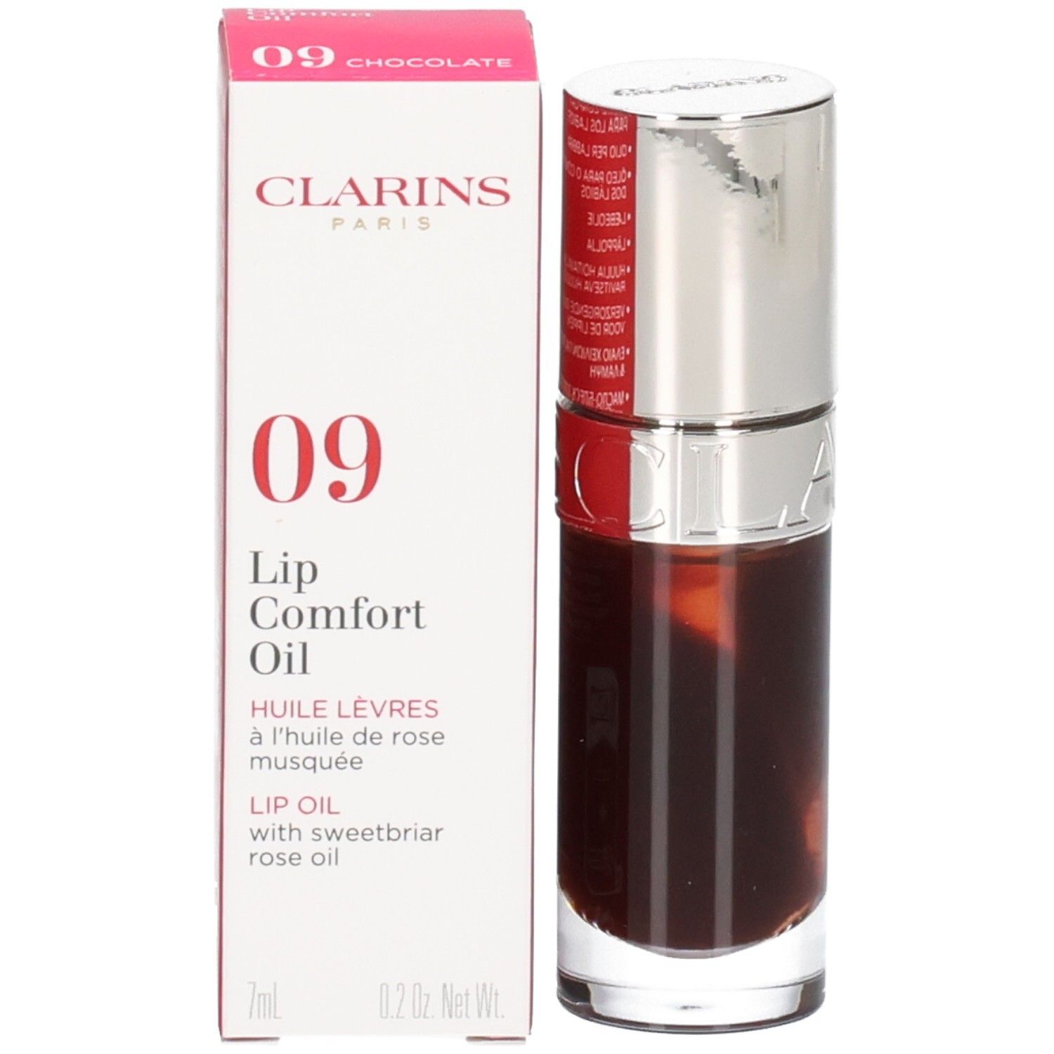 Clarins Lip Comfort Oil 09 Chocolate mit Verpackung. Fläschchen und Karton mit Produktinformationen.