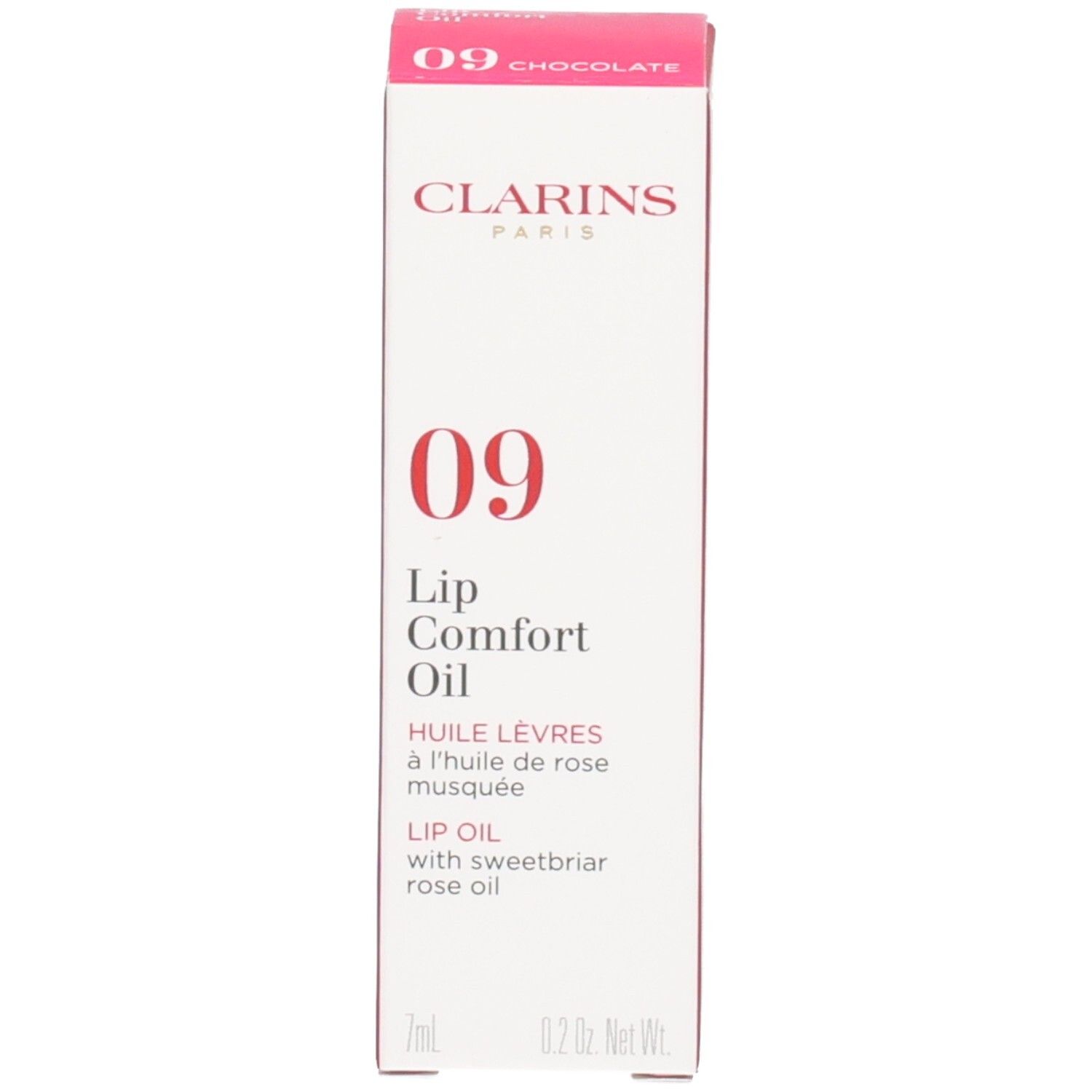 Clarins Lip Comfort Oil 09 Chocolate, Kartonverpackung mit Produktnamen und Nummer 09.
