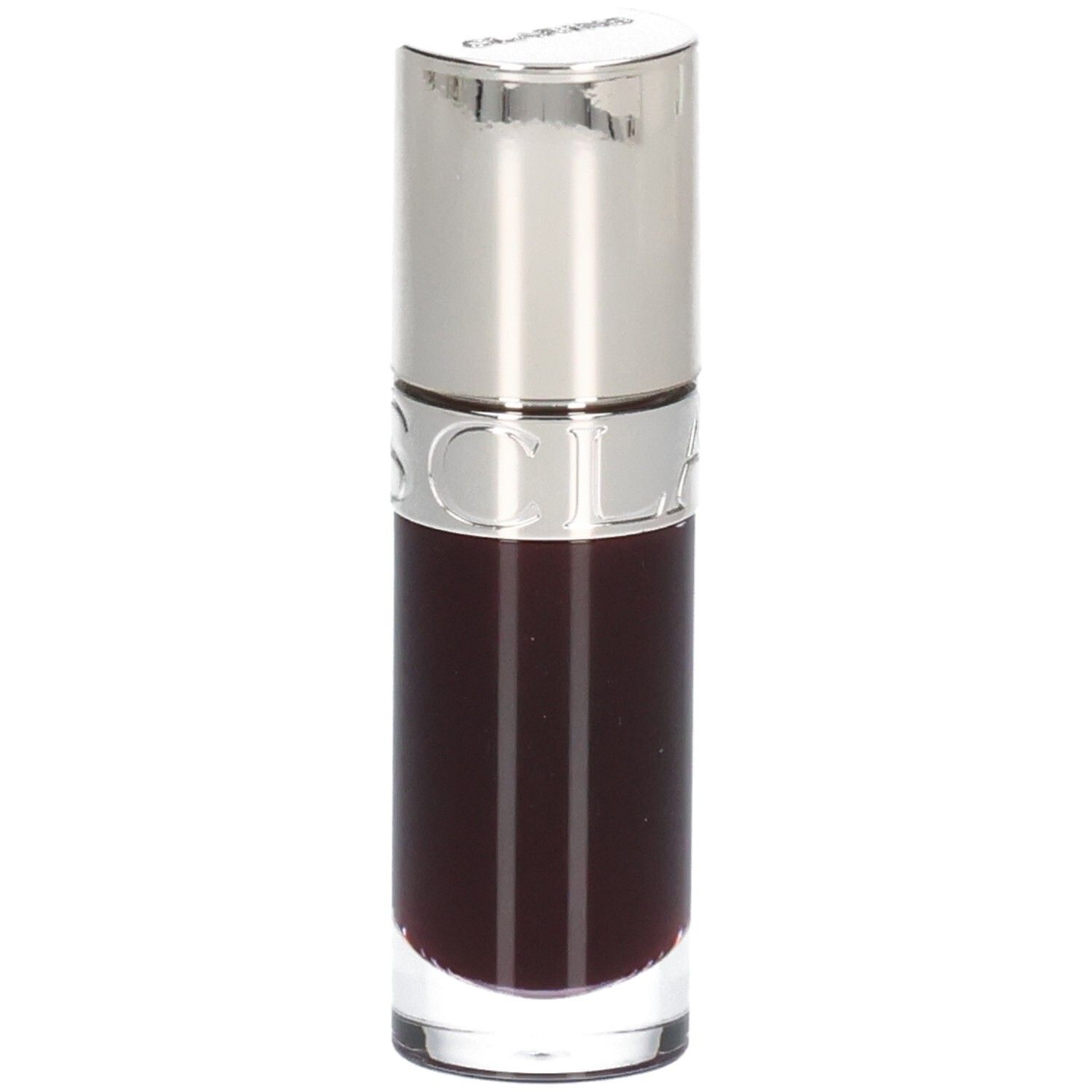 Clarins Lip Comfort Oil 10 - Plum, dunkles, transparentes Öl in Glasflasche mit silbernem Applikator.