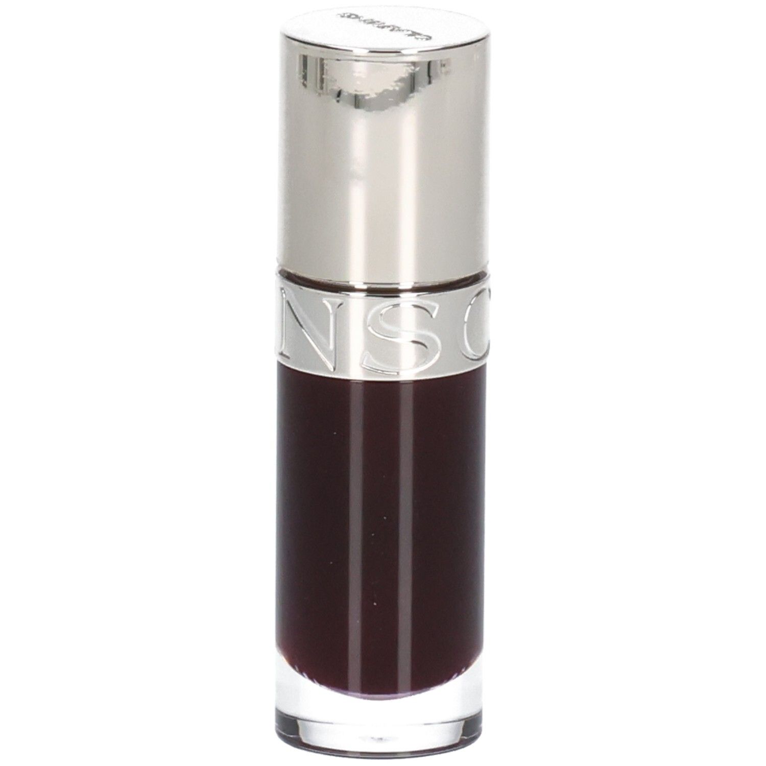 Clarins Lip Comfort Oil 10 - Plum, dunkles, transparentes Öl in Glasflasche mit silbernem Applikator.