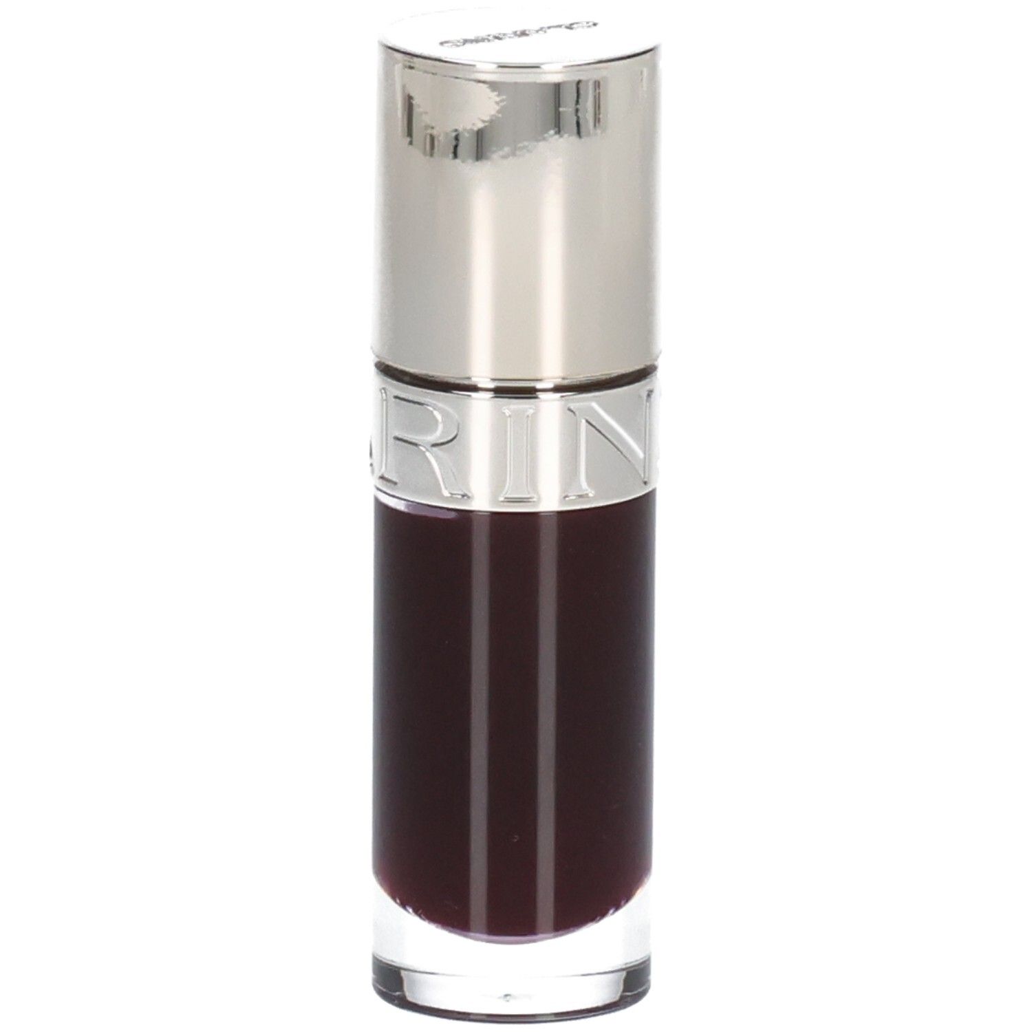 Clarins Lip Comfort Oil 10 - Plum, dunkles, transparentes Öl in Glasflasche mit silbernem Applikator.