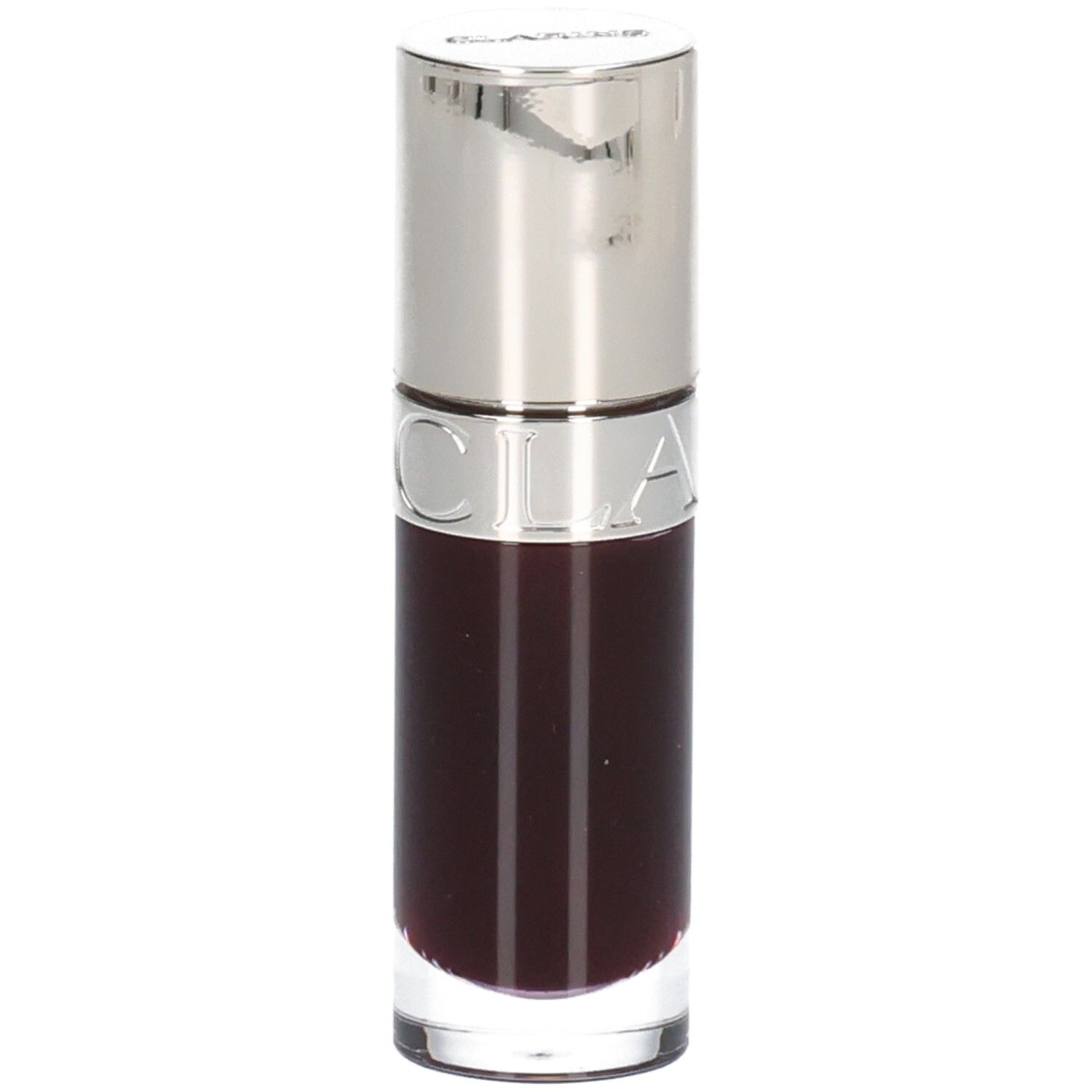 Clarins Lip Comfort Oil 10 - Plum, dunkles, transparentes Öl in Glasflasche mit silbernem Applikator.