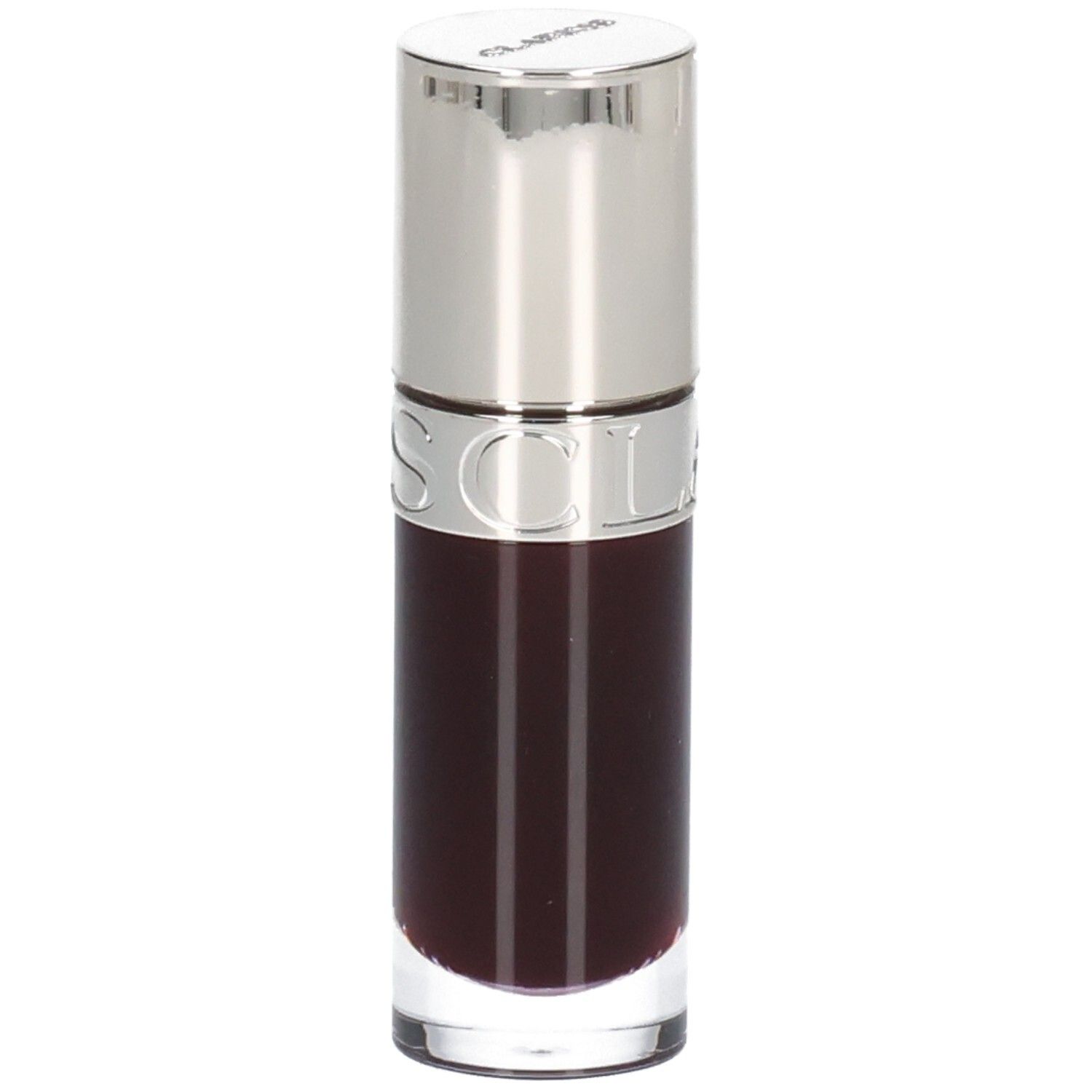 Clarins Lip Comfort Oil 10 - Plum, dunkles, transparentes Öl in Glasflasche mit silbernem Applikator.