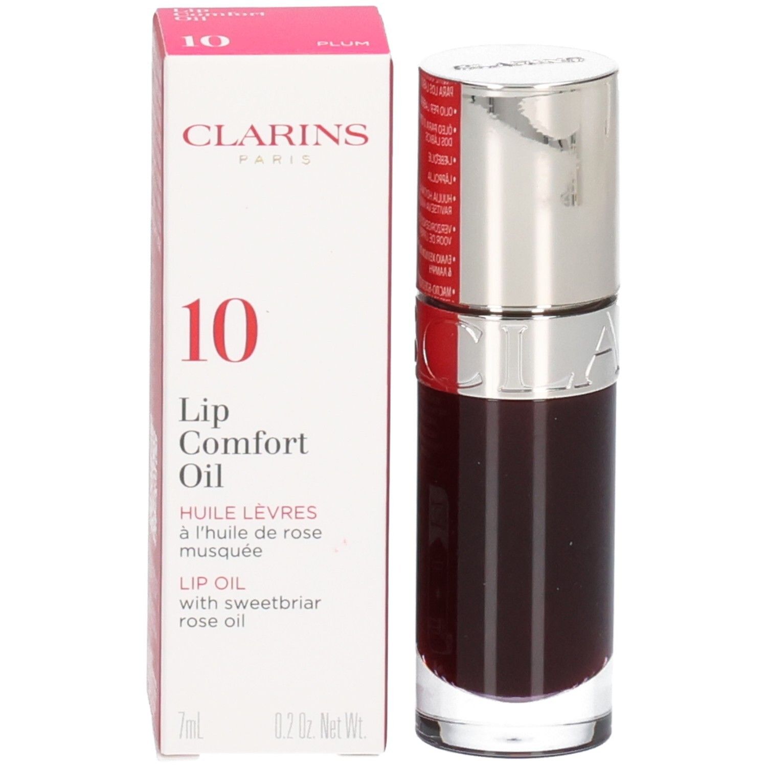 Clarins Lip Comfort Oil 10 - Plum, dunkles, transparentes Öl in Glasflasche mit silbernem Applikator.