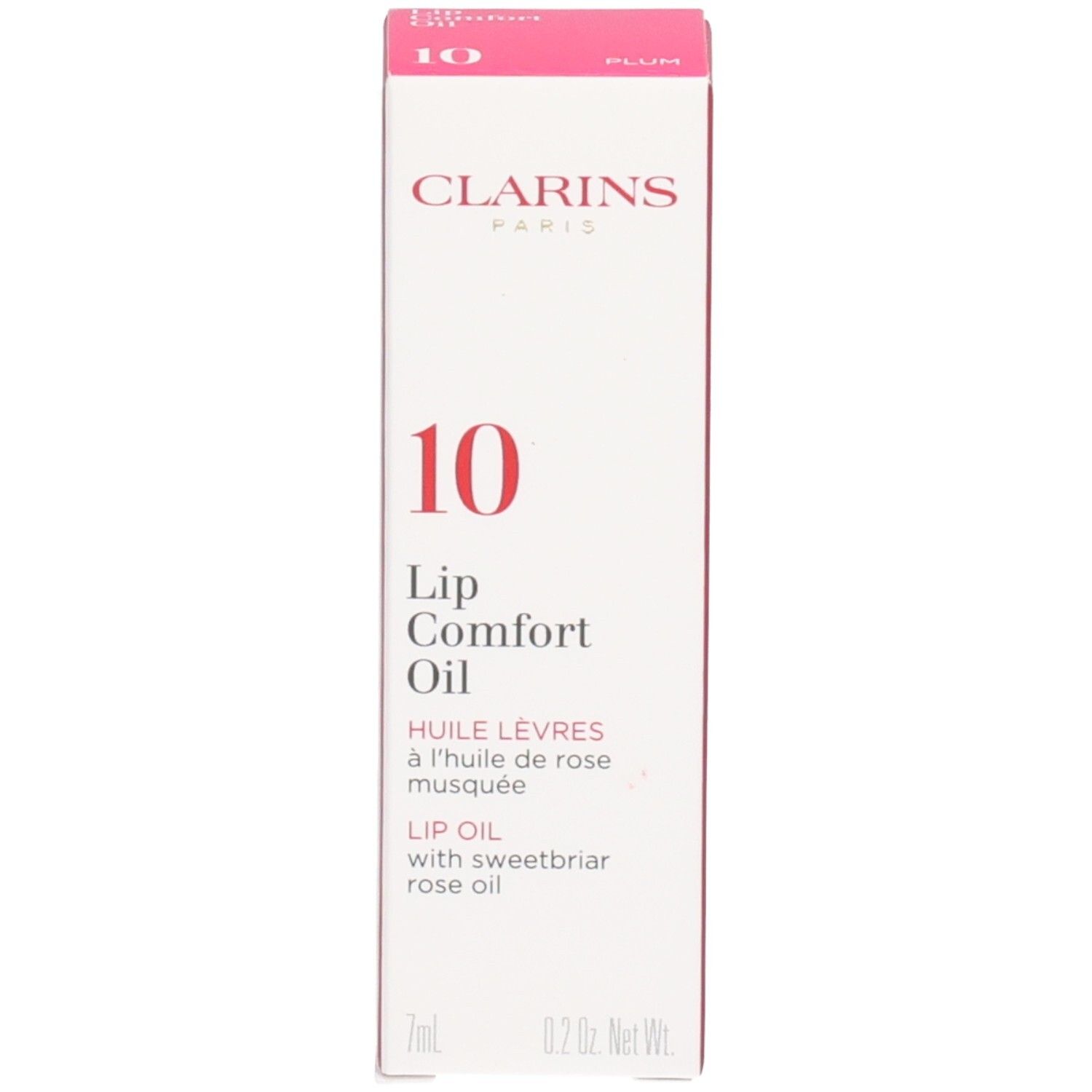 Clarins Lip Comfort Oil 10 - Plum, mit Verpackung. Dunkles Öl in Glasflasche, silberner Applikator.