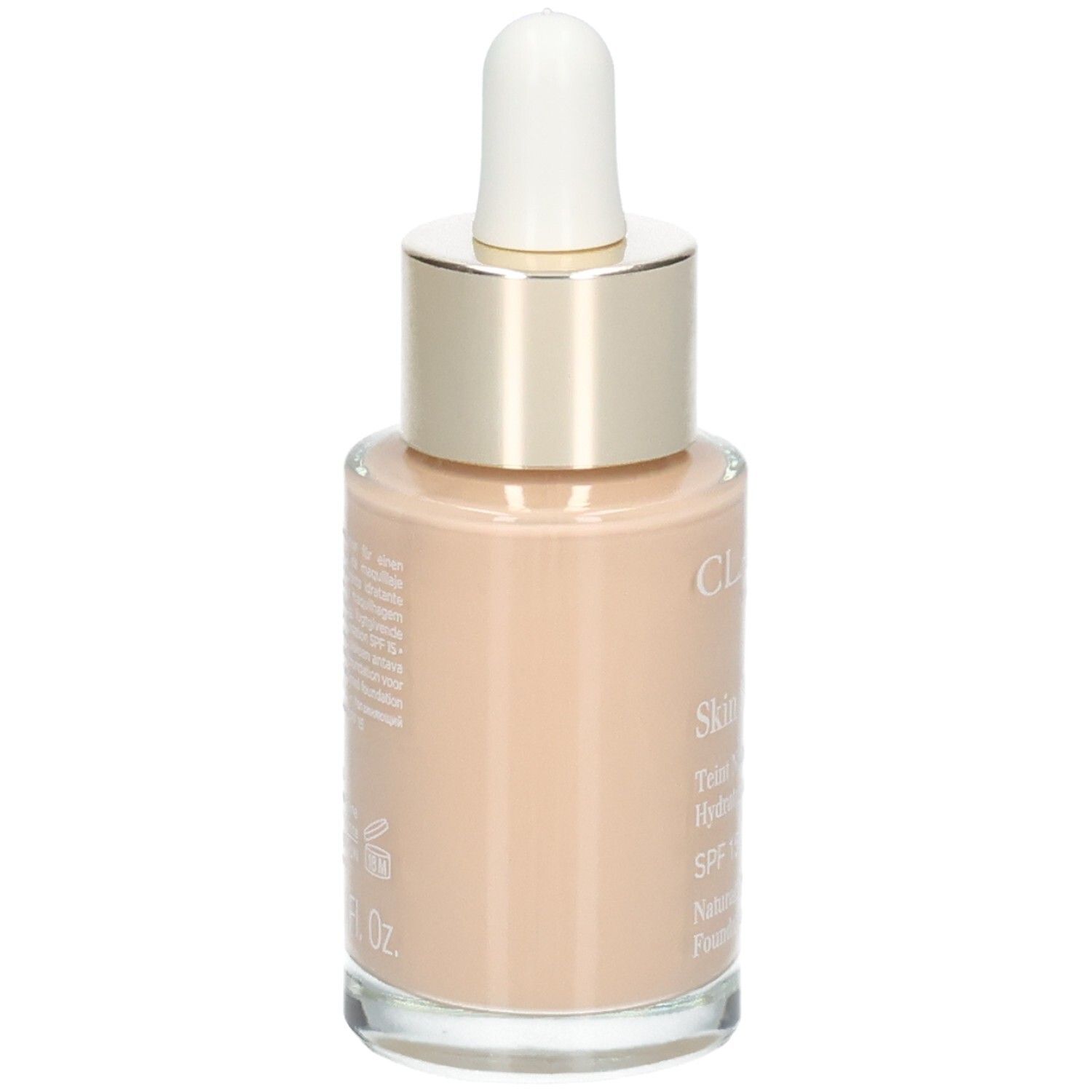 Flüssiges Make-up in Glasflasche mit Pipette, goldener Hals, weißer Tropfer. Heller Hautton.