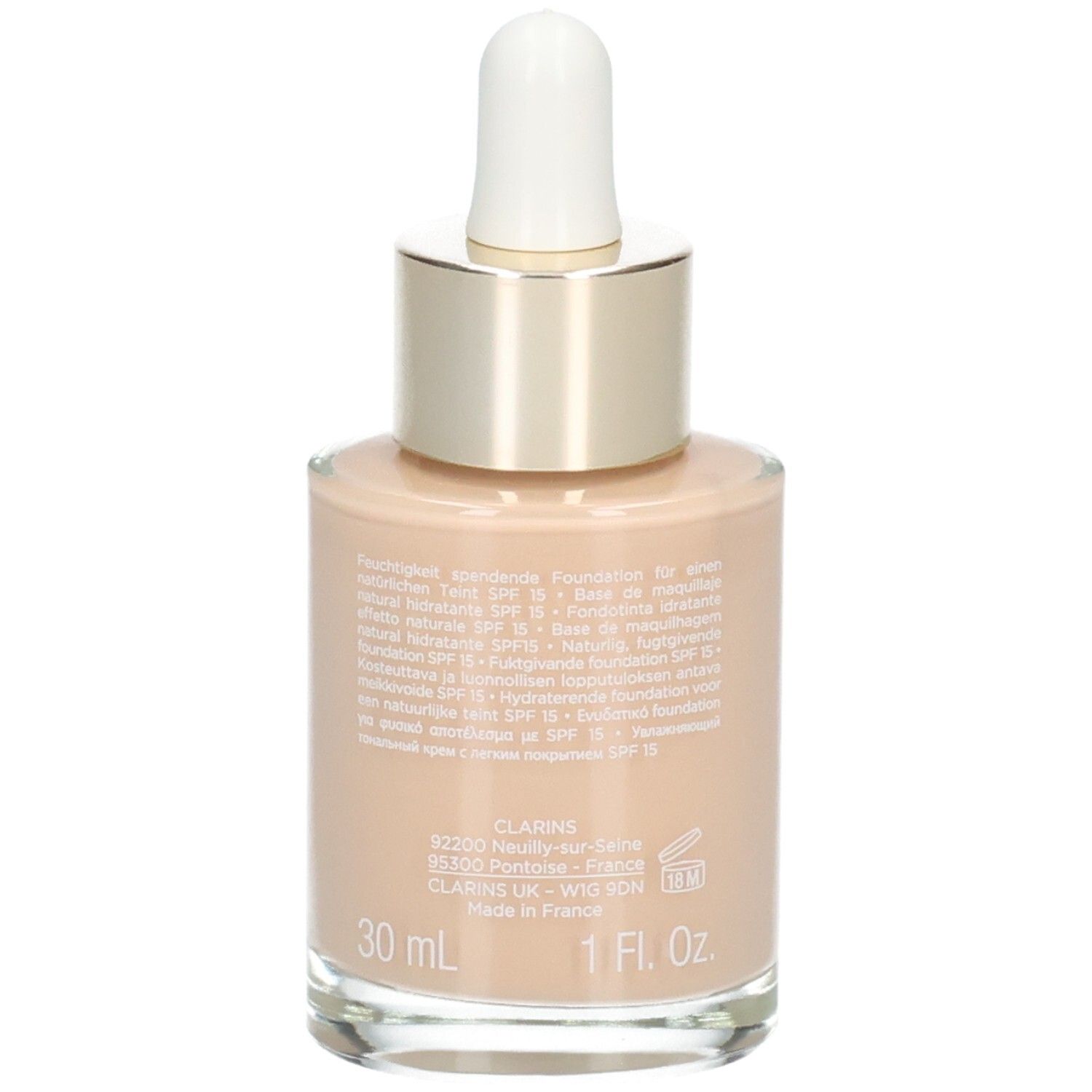Glasflasche mit goldfarbenem Verschluss und Pipette, gefüllt mit flüssigem Make-up in hellem Hautton. Enthält 30 ml.