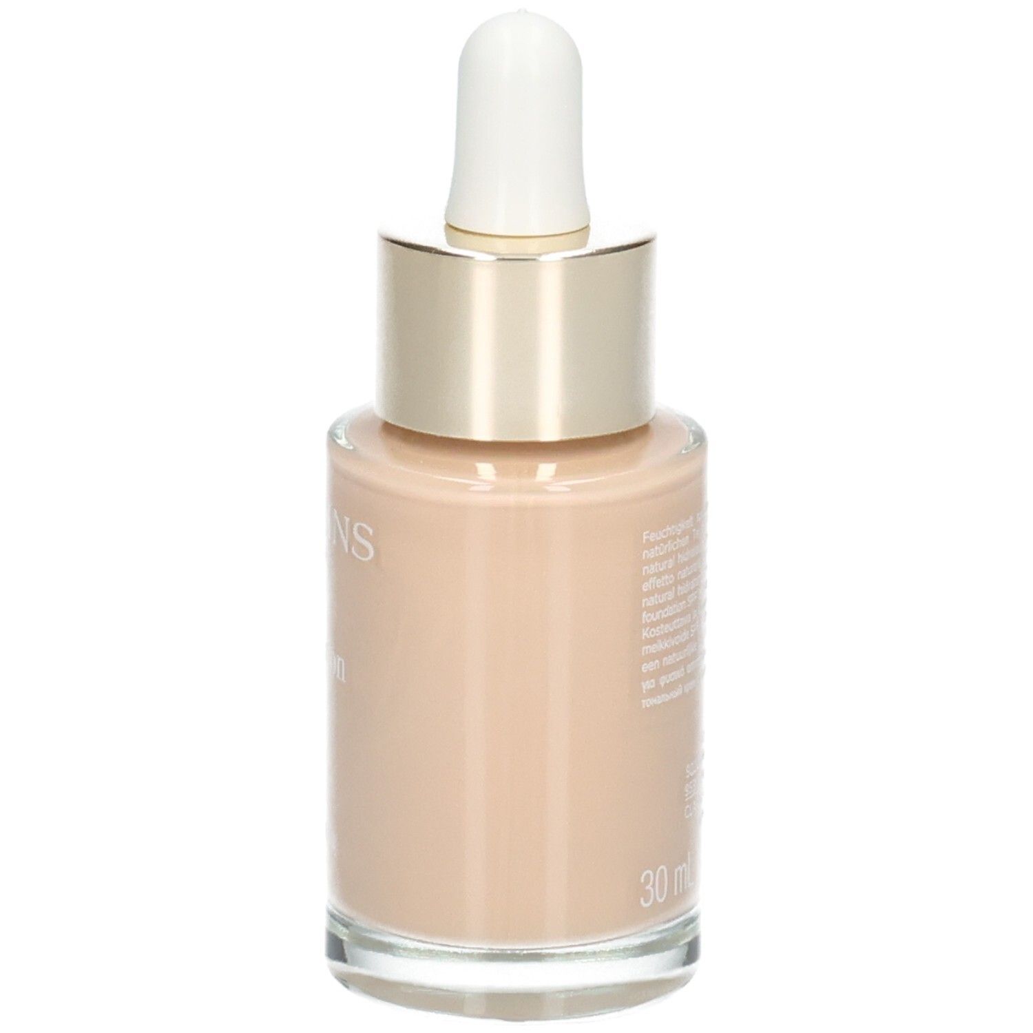 Flüssiges Make-up in Glasflasche mit Pipetten-Applikator. Goldener Ring und weißer Tropfer. 30 ml.