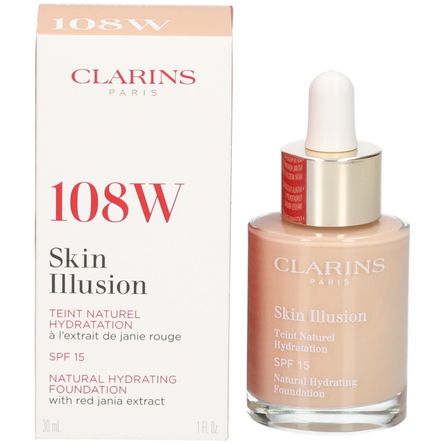 Clarins Skin Illusion Foundation, Farbton 108W, mit Pipette und Verpackung.