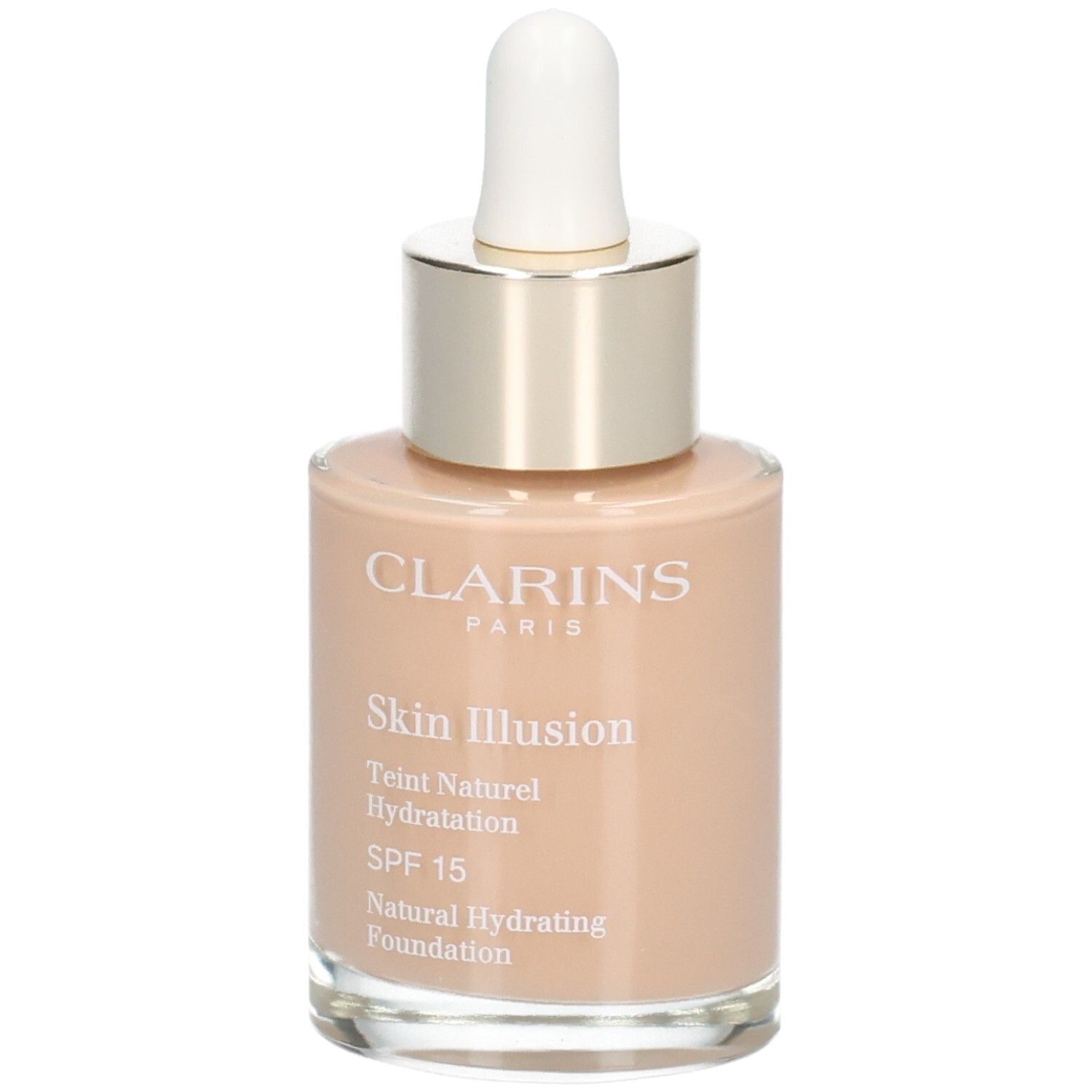 Clarins Skin Illusion Foundation in Glasflasche mit Pipette. Farbton 108.5 Cashew.