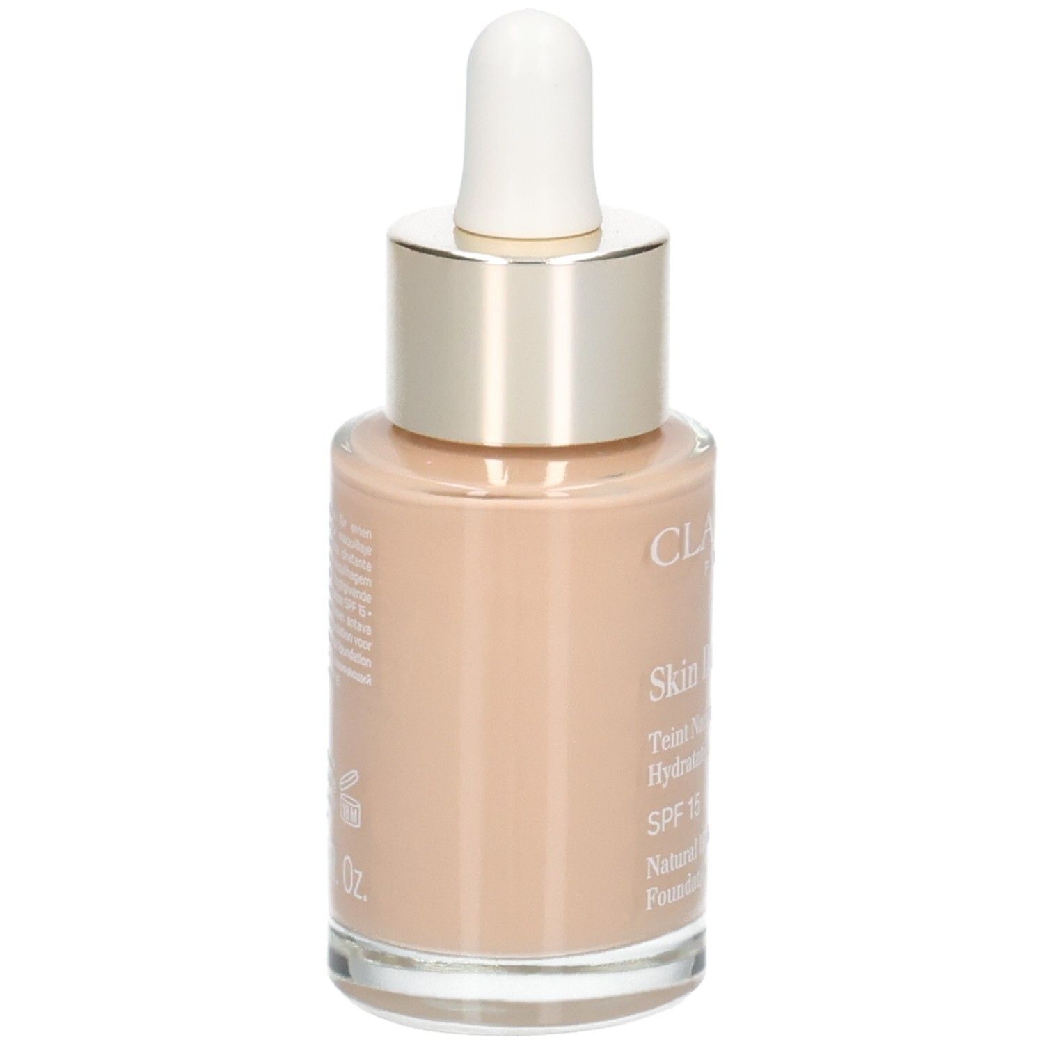 Clarins Skin Illusion Foundation, Rückseite der Glasflasche mit Pipette. Farbton 108.5 Cashew.