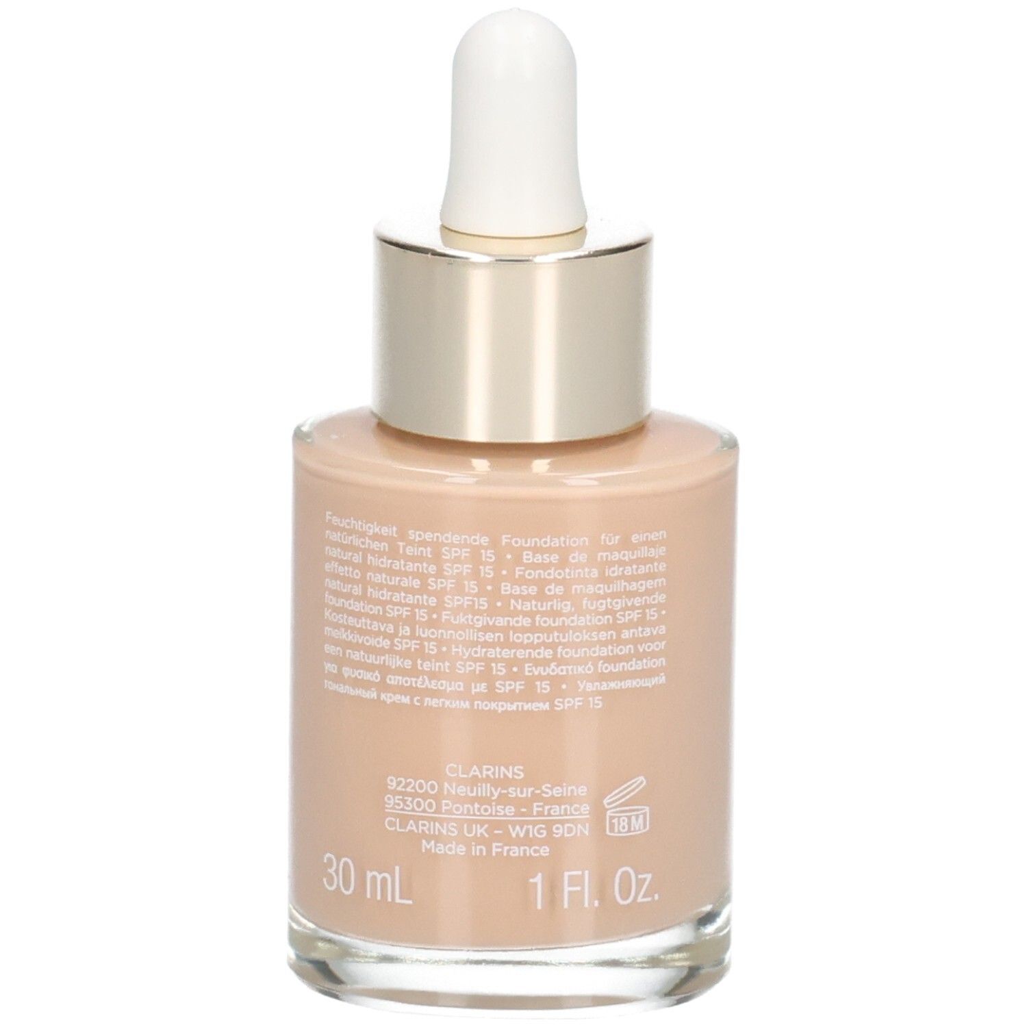 Clarins Skin Illusion Foundation, Rückseite der Glasflasche mit Pipette. 30 ml. Farbton 108.5 Cashew.