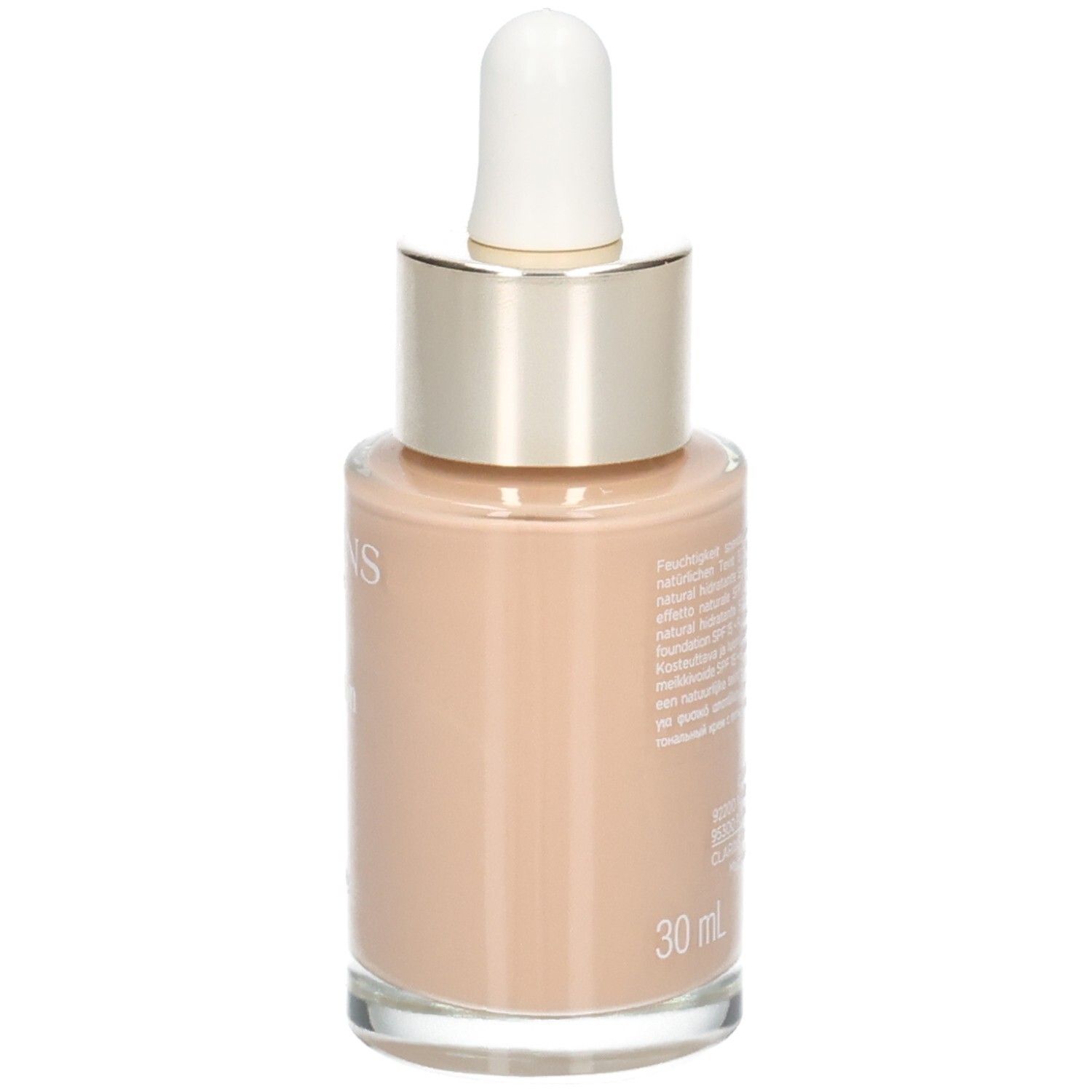 Clarins Skin Illusion Foundation, Seite der Glasflasche mit Pipette. Farbton 108.5 Cashew.