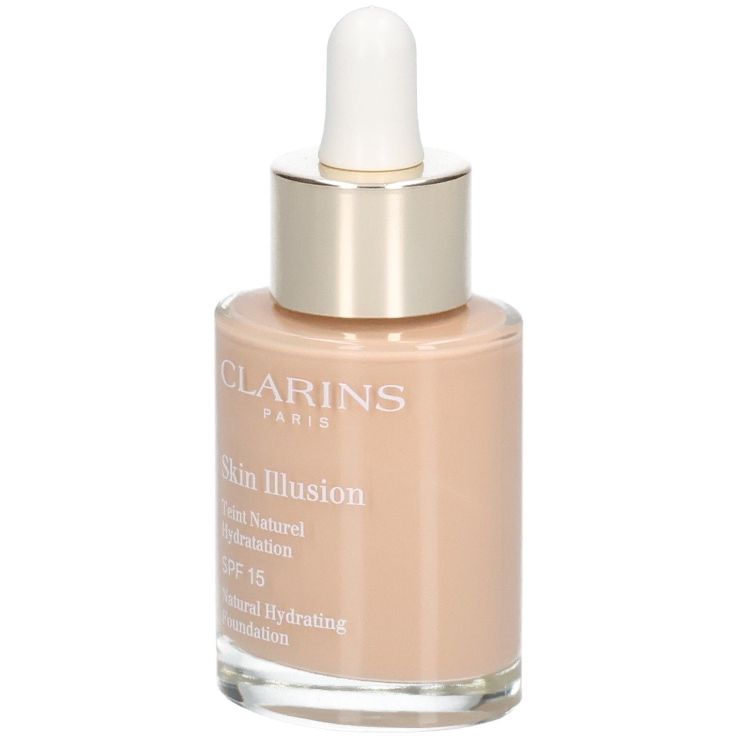 Clarins Skin Illusion Foundation in Glasflasche mit Pipette. Farbton 108.5 Cashew.